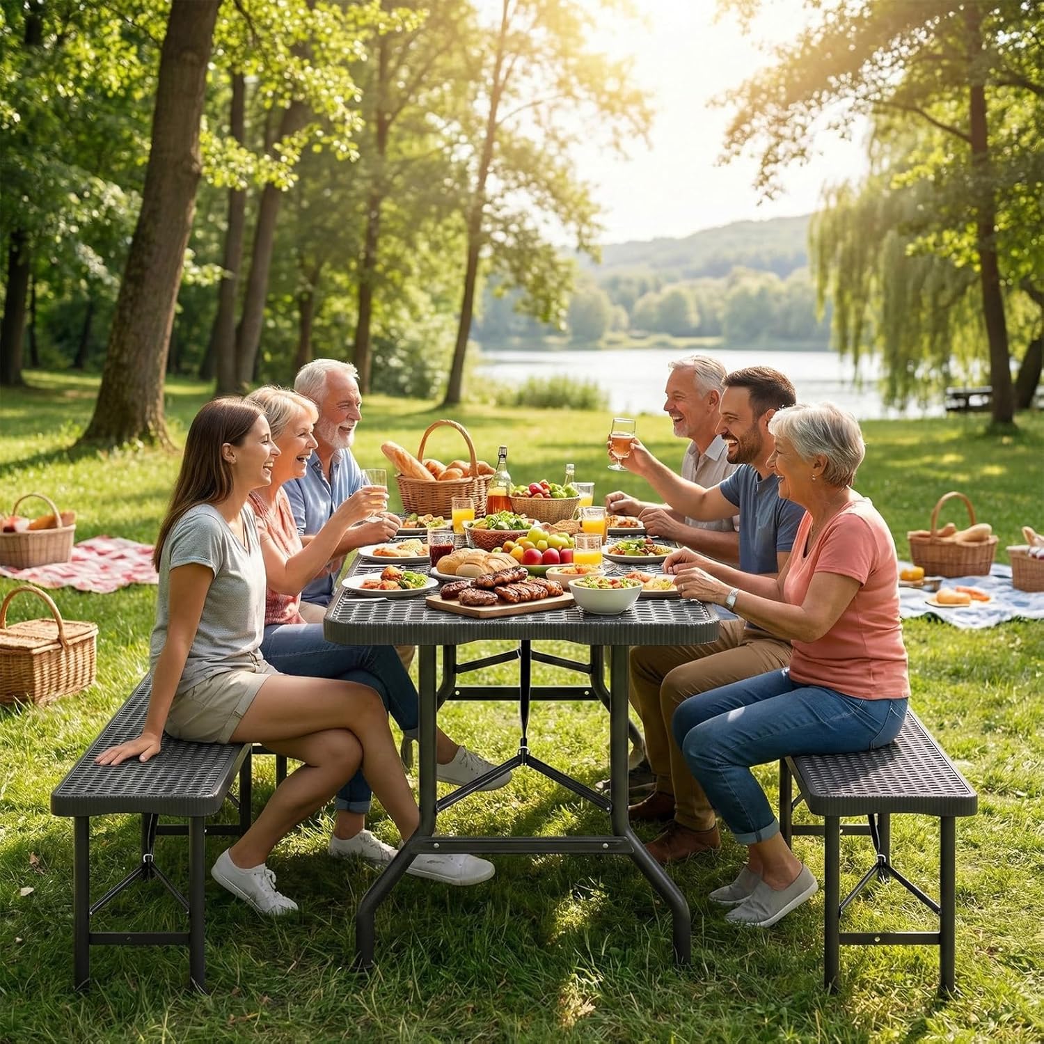 JUMMICO - Table pliante jardin 3 pièces - bancs 300 kg - 4-6 personnes