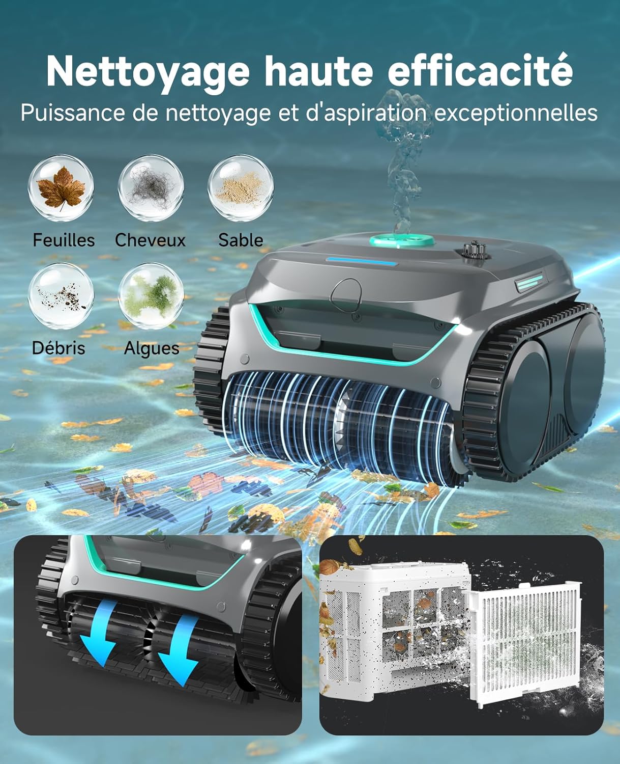 WYBOT C2 Robot Piscine sans Fil, Double Filtration, 3 Moteurs, Aspiration Puissante, Nettoyage Fond et Parois & Ligne d'eau, 180 Min, pour Piscines Enterrées 150㎡, App(Vert Gris foncé-Vert)