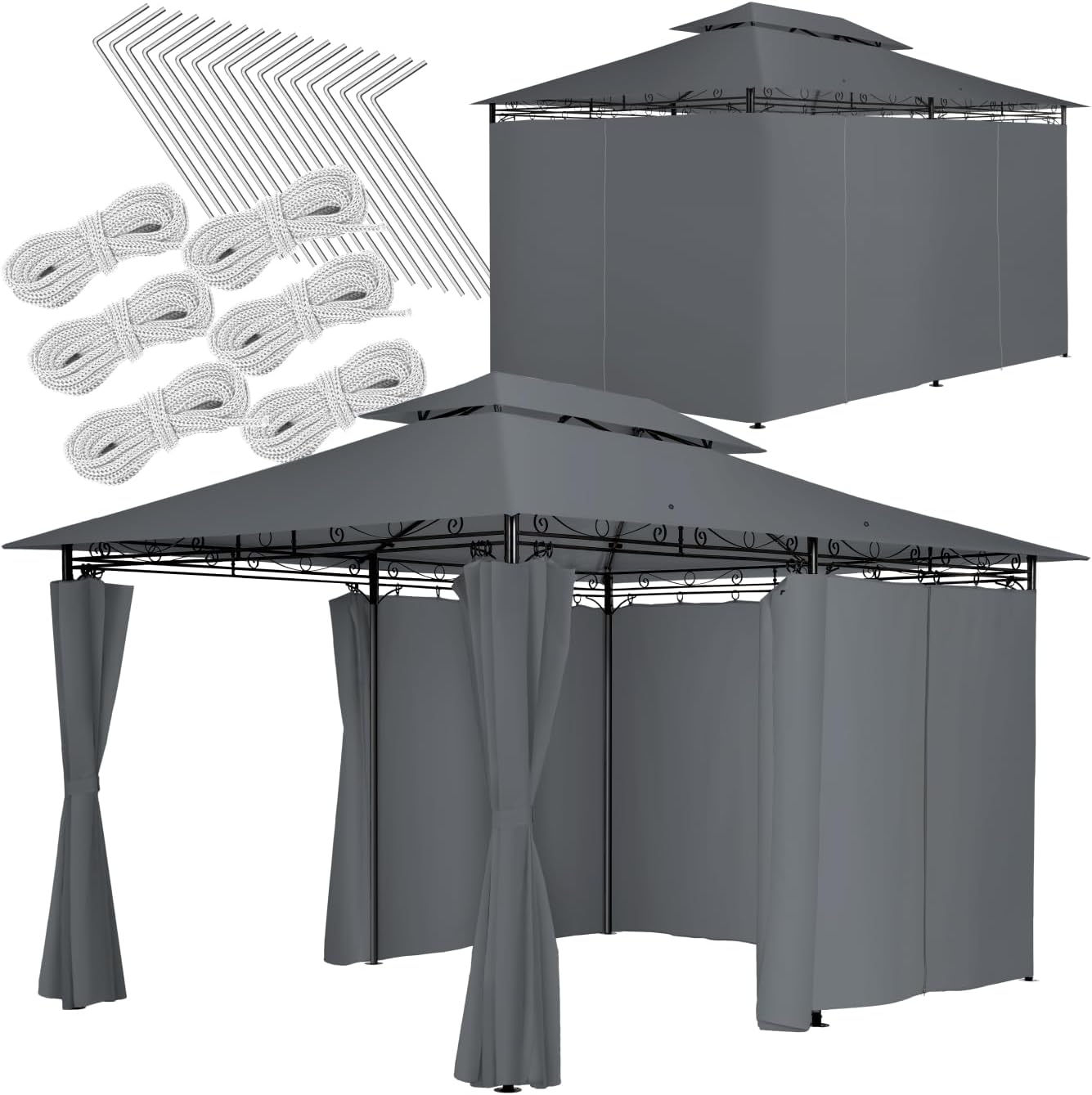 tectake - tonnelle de jardin 4x3m - acier epoxy, imperméable, rideaux, UV50+