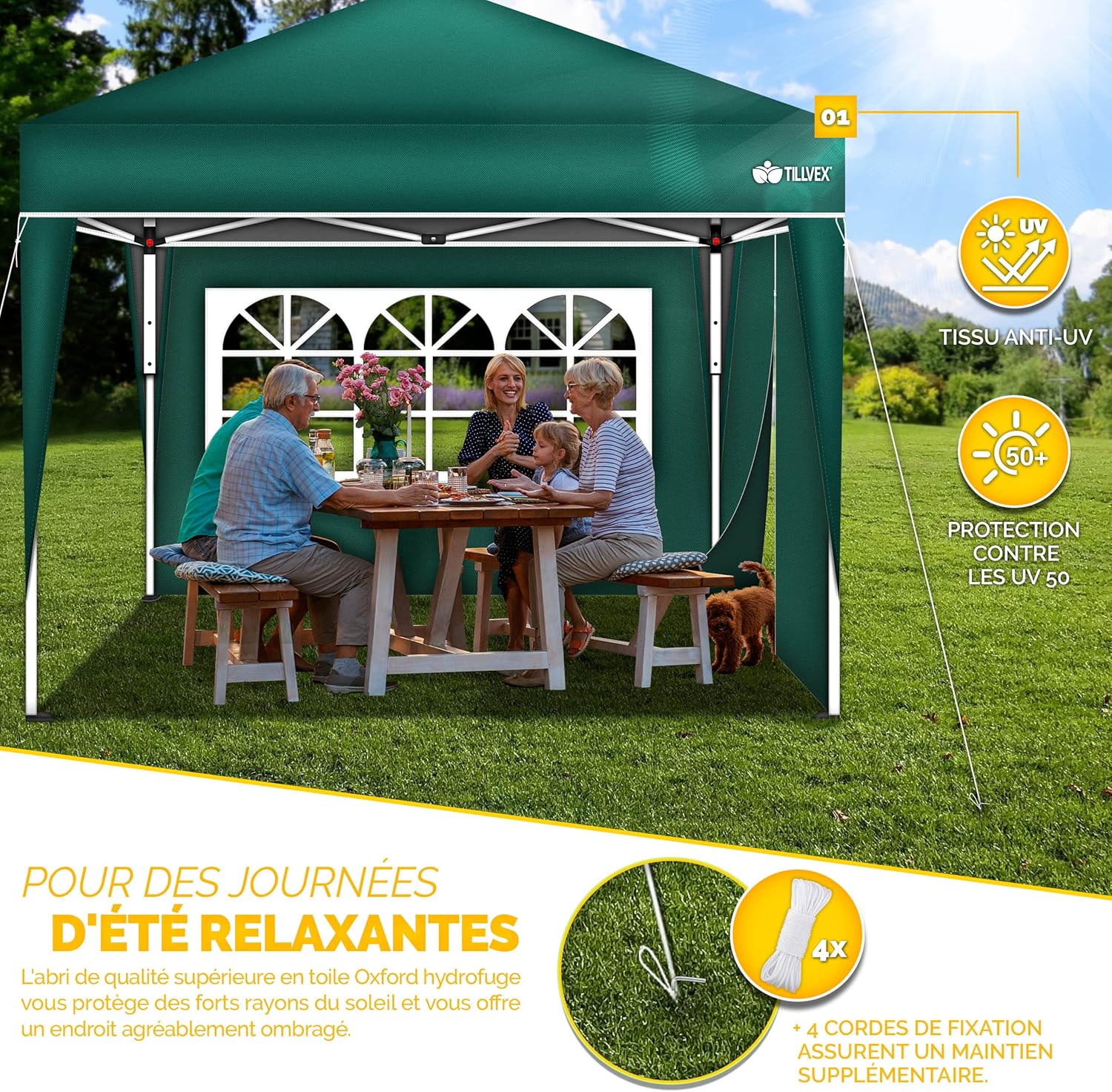 tillvex - tonnelle pliante, 3x3m, 2 côtés, UV50+, sac de transport