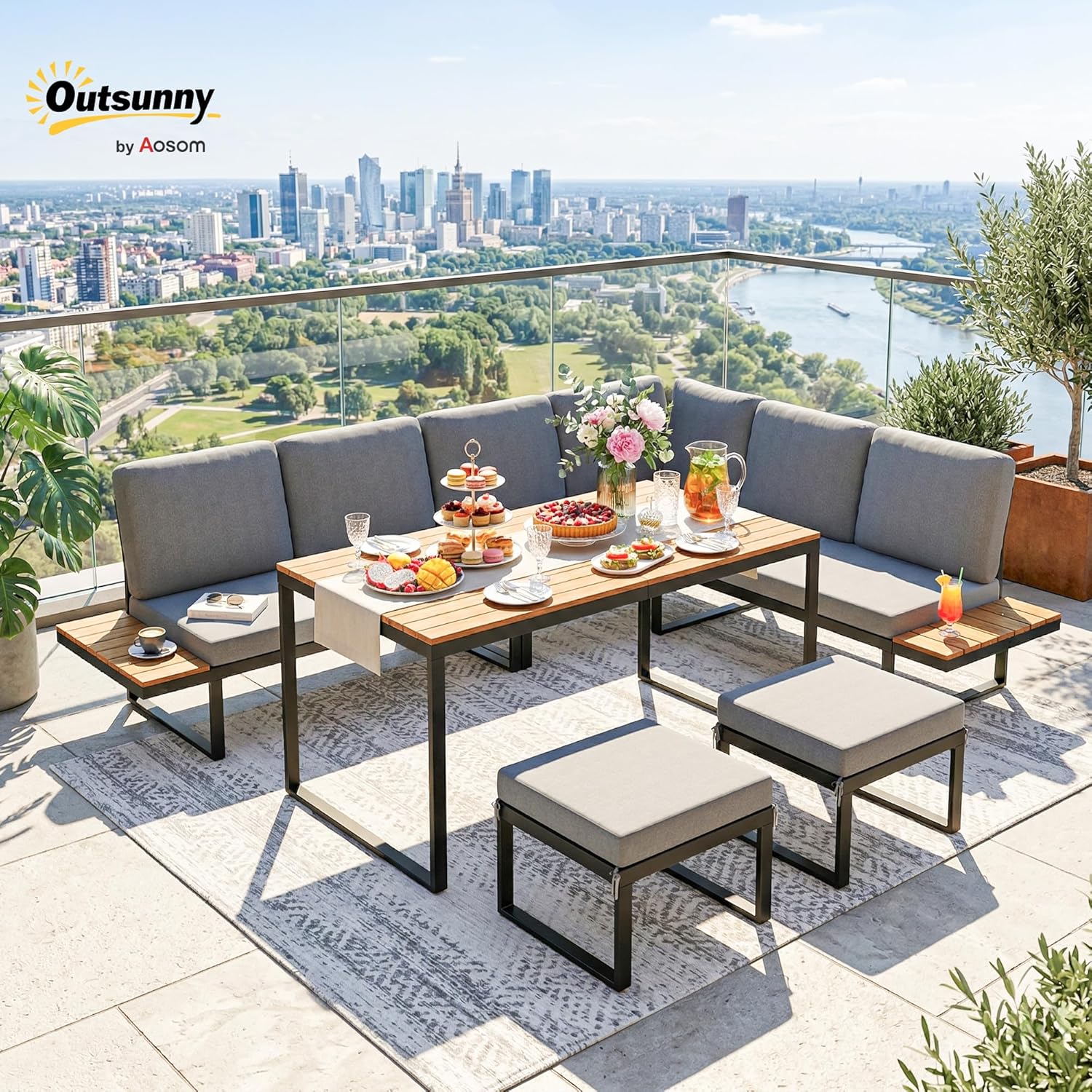Salon de Jardin Outsunny - 6-8 pers - Ensemble aluminium, table haute, canapé d'angle, table bois composite, gris - OJ-6