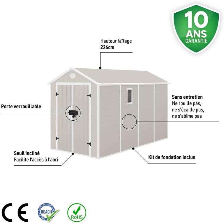 Jôbu - Abri de jardin résine 6,99m², acier, double porte, fenêtre, garantie 10 ans