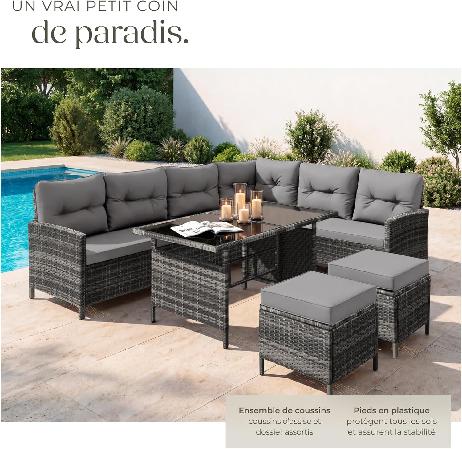 Tectake - Ensemble modulable rotin, canapé d’angle, table verre, poufs, coussins, 220x150x70 cm