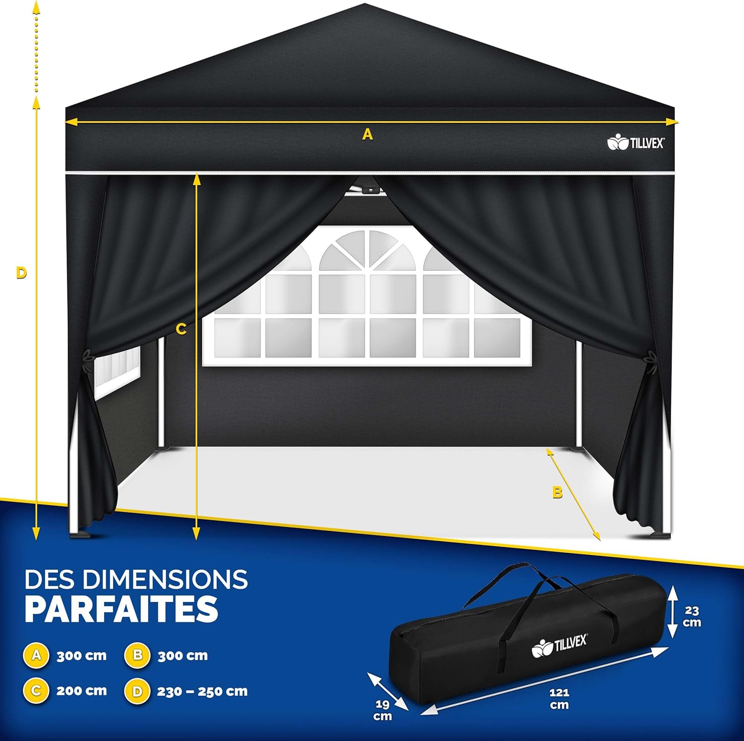 tillvex - Tonnelle pliante série Jardin - 3x3m - 4 côtés, réglable, UV50+, sac