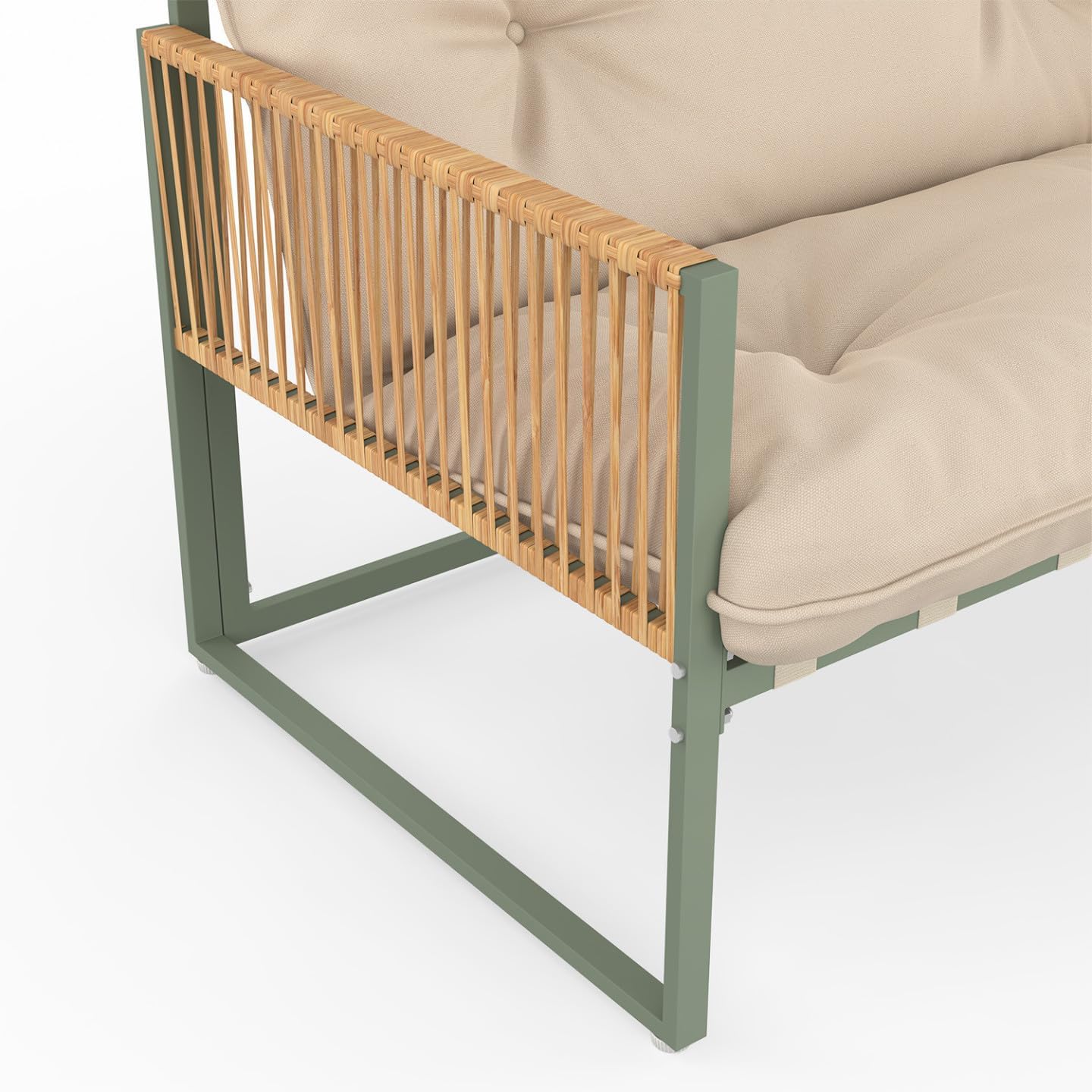 IDMarket - Rio - salon bas 4 places métal vert, cordage rotin, coussins beige