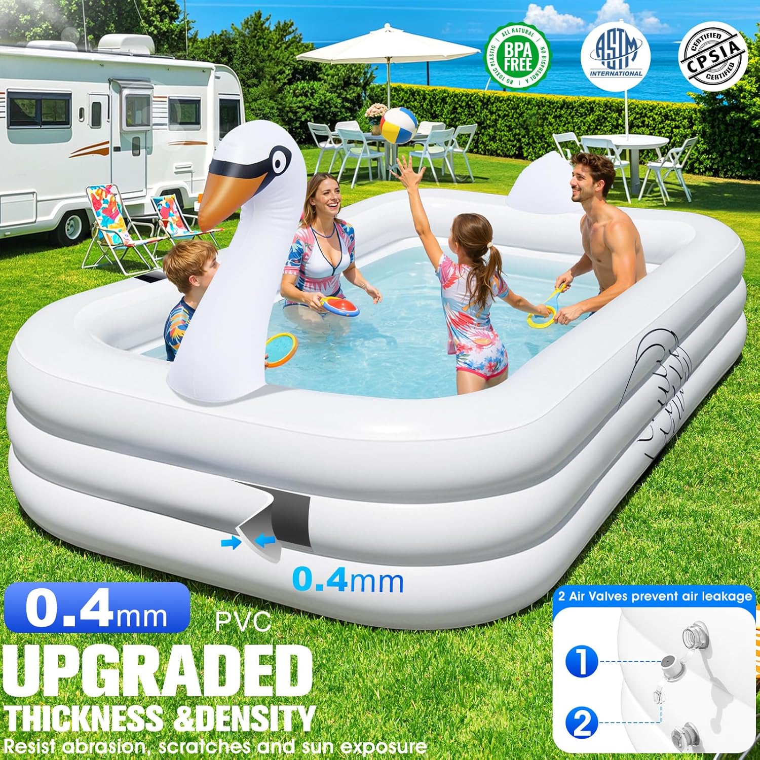 ChlorBlu Piscine Gonflable avec Lumières, Swan Piscine Gonflable Adulte, 255x160x50cm Grande Piscines Gonflables Rectangulaire, Swimming Pool Surdimensionnée pour Enfants et Famille, pour Jardin