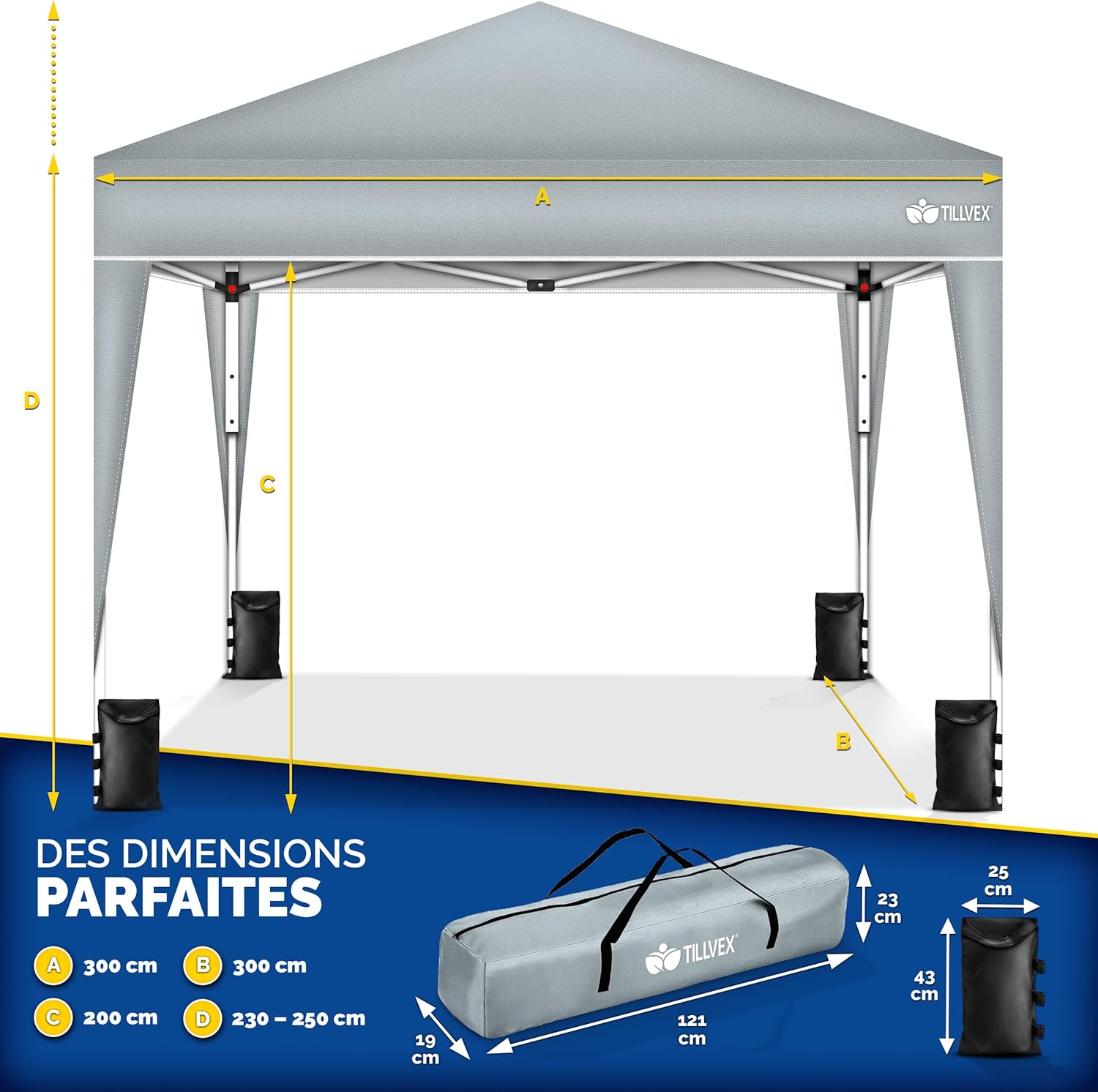 tillvex Tonnelle de Jardin 3 x 3 m Pliable | Tente Pliante à Hauteur réglable | Auvent pour Camping, Festival, Plage | Protection UV 50+ | Chapiteau avec Sac