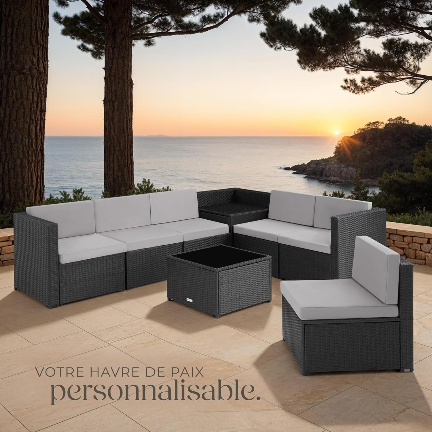 tectake - salon de jardin modulable 6 places - résine tressée, table verre, coffre rangement - 198x130x70 cm