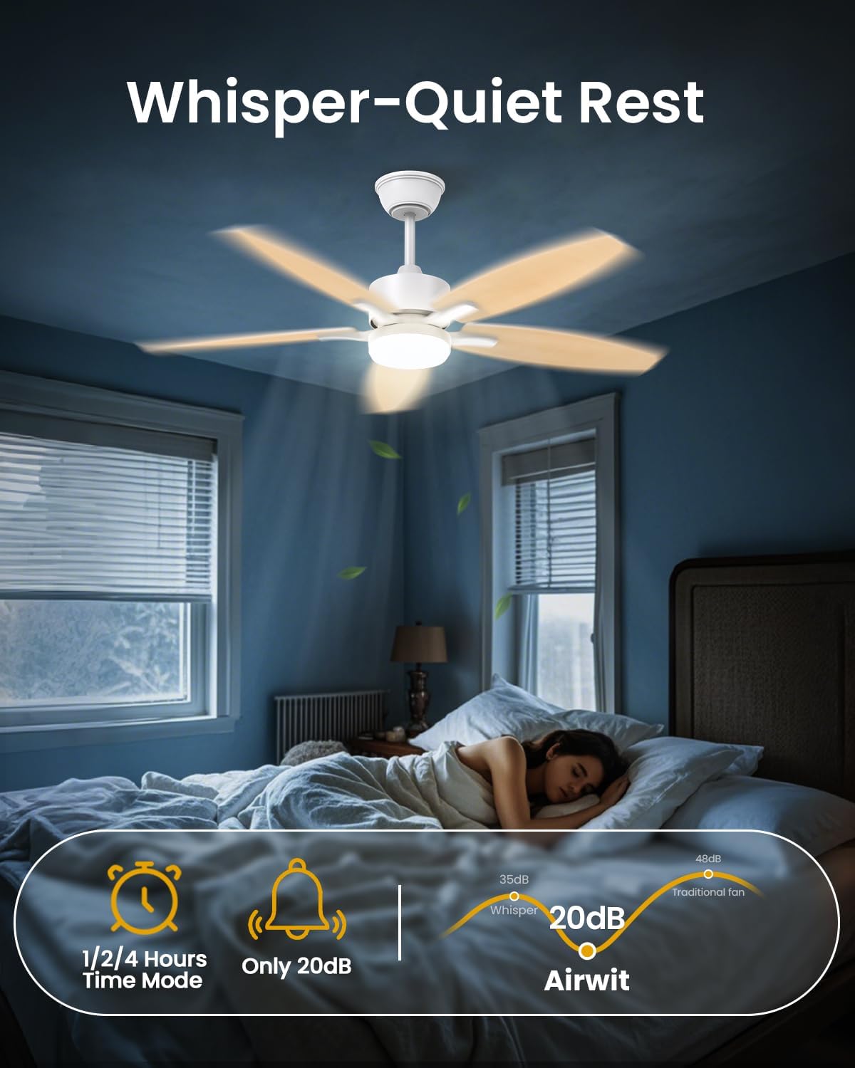 Airwit - Ventilateur plafonnier LED, 106cm, télécommande, moteur DC réversible