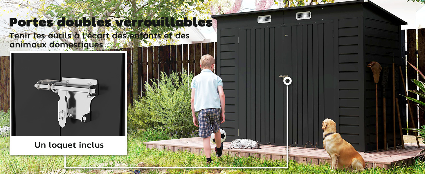 Meuble de rangement extérieur ou cabanon avec extérieur noir, illustré dans un jardin avec un texte en français sur les portes doubles visible.