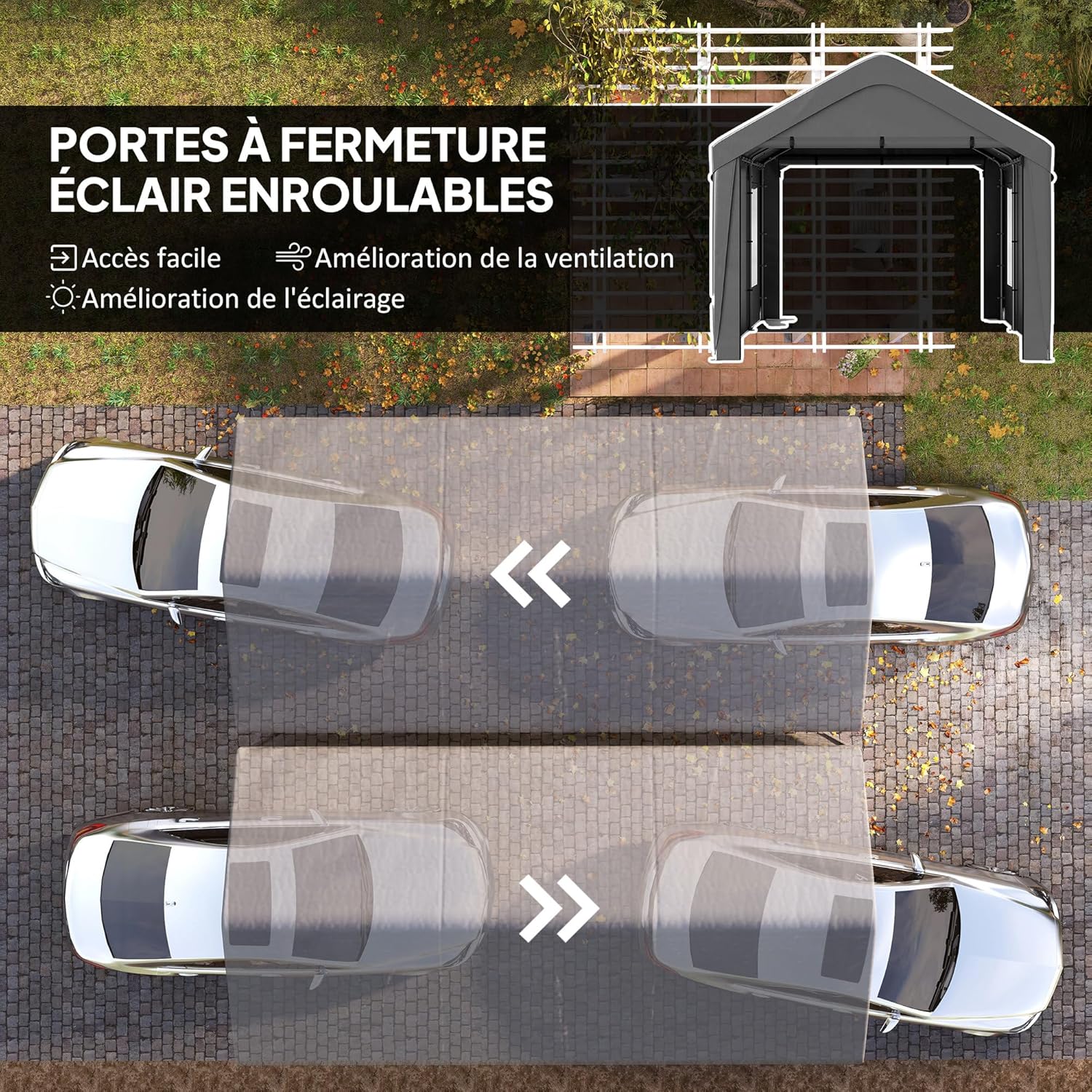 Outsunny - Carport 3x6 m - parois amovibles, 4 fenêtres, 2 portes roulantes