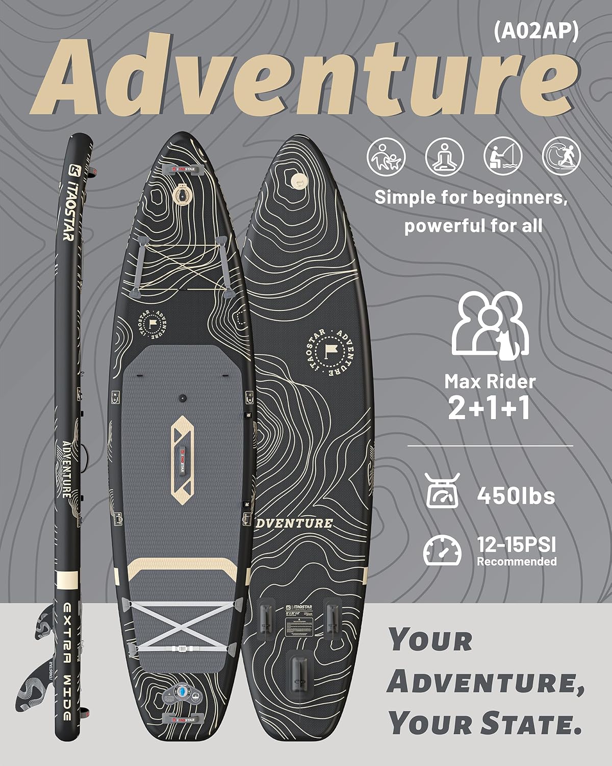 iTAOSTAR Adventure 365×88cm Planche de Paddle Extra Large avec siège, Accessoires Sup Haut de Gamme Tout-en-Un, 5 ailerons sur Mesure, Planches de Paddle gonflables Stables pour Adolescents/Adultes Global Recycled Standard