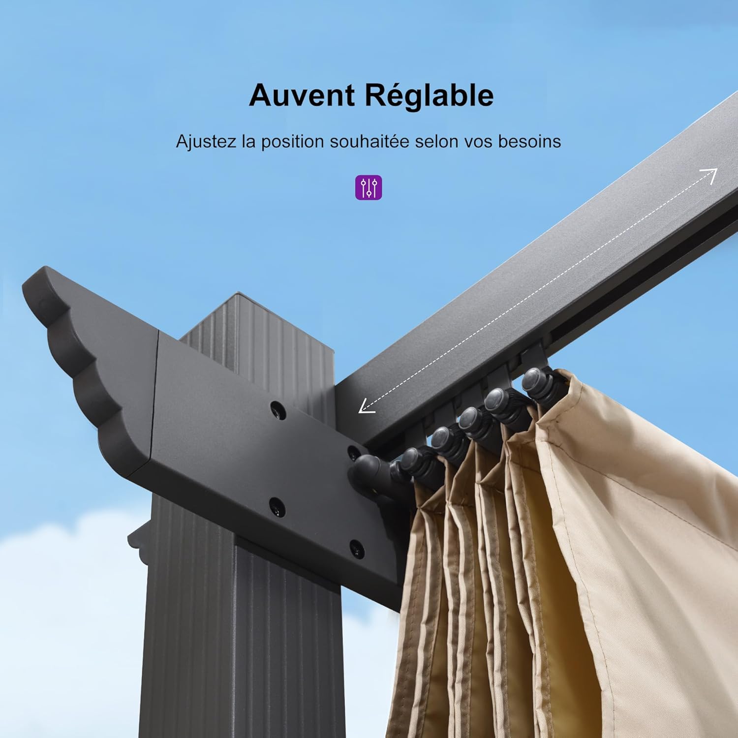 PURPLE LEAF - Pergola Aluminium - 4x3m - Toit coulissant, tissu kaki