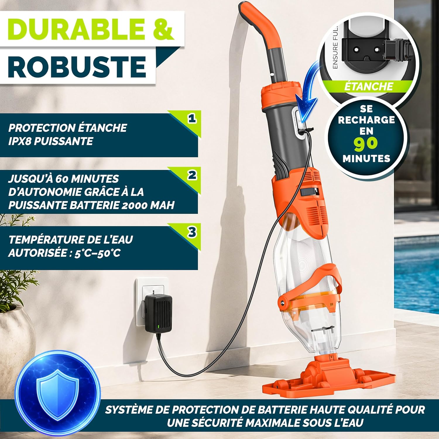 tillvex - Aspirateur piscine électrique, manche téléscopique, 60 min autonomie, filtre intégré