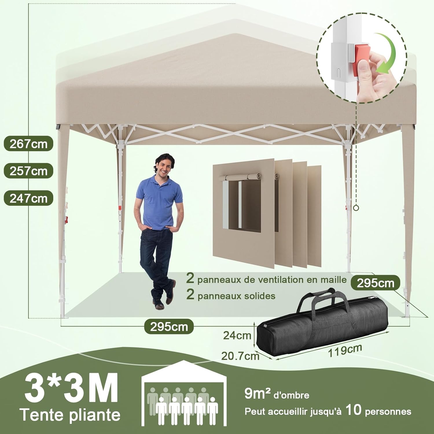Devoko - Tonnelle Pliante - 3x3m - Fenêtre moustiquaire, UV 50+, Impermeable