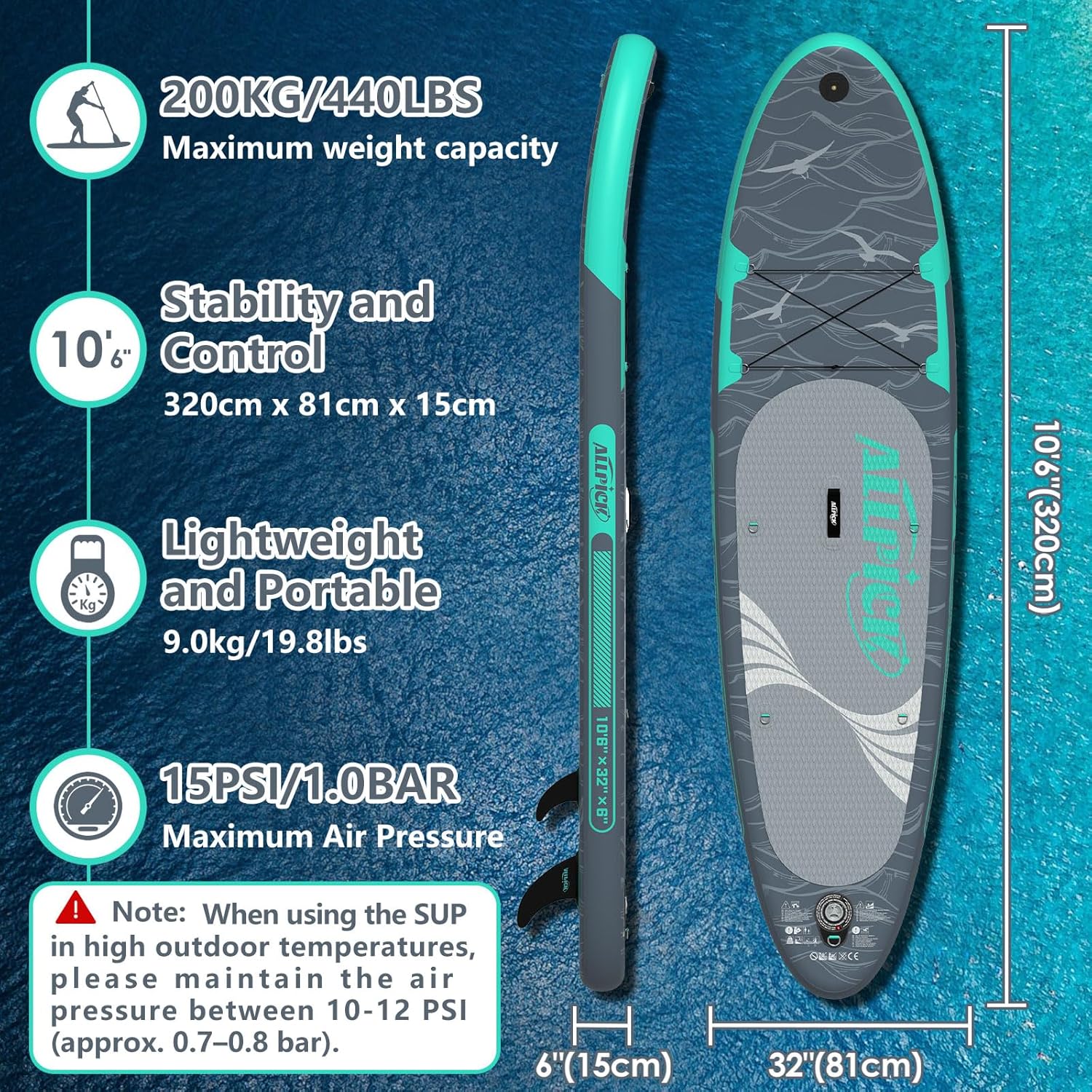 ALLPICK - Paddle gonflable 320cm - support caméra, 200kg, débutant SUP320