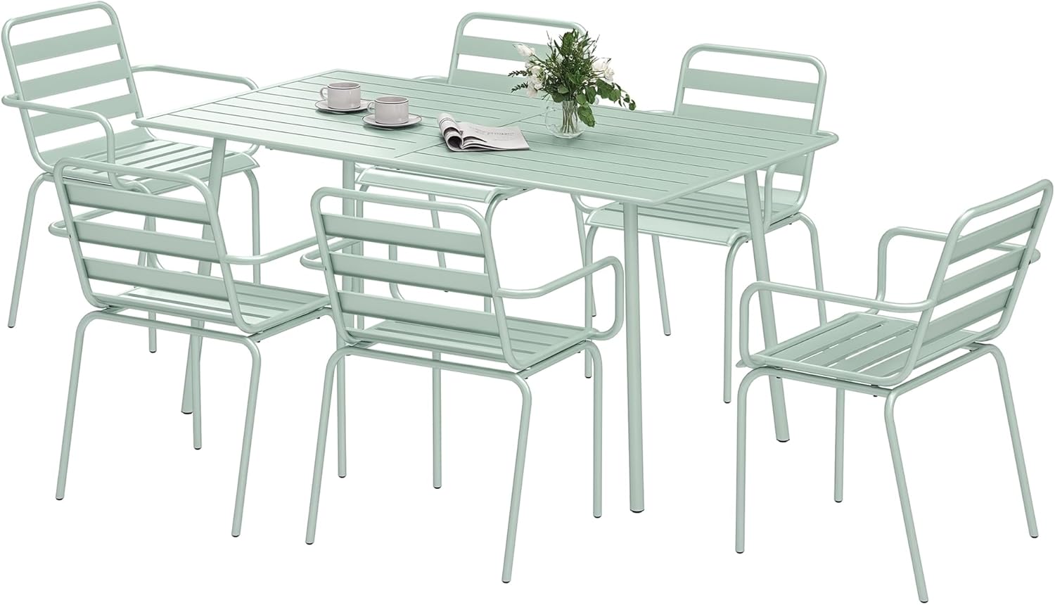 Outsunny - Salon de jardin 7 pièces - Table + 6 chaises acier vert clair - Empilables, extérieur