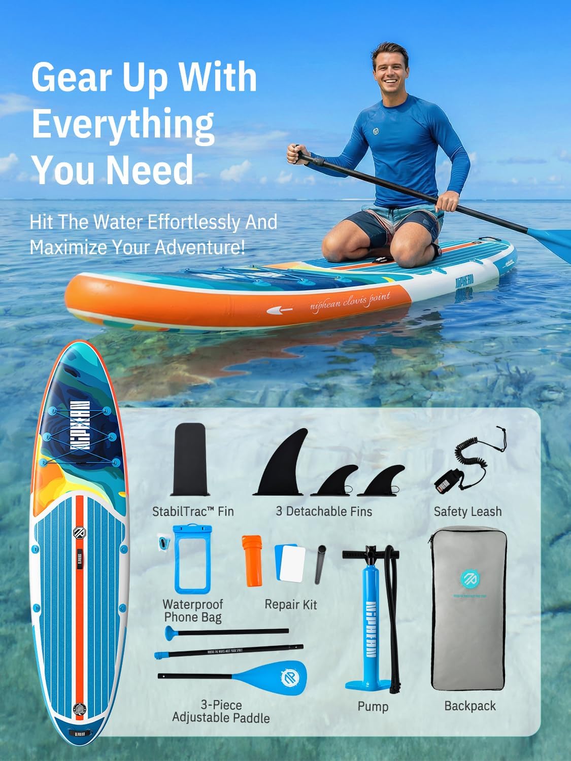 Niphean Paddle Gonflable Adulte avec Tous Les Accessoires, 320cm Planches de Stand Up Paddle Gonflables pour Tous Les Niveaux, Sup avec Capacité 200 kg pour 2 Personnes, Paddle Gonflable avec Siège