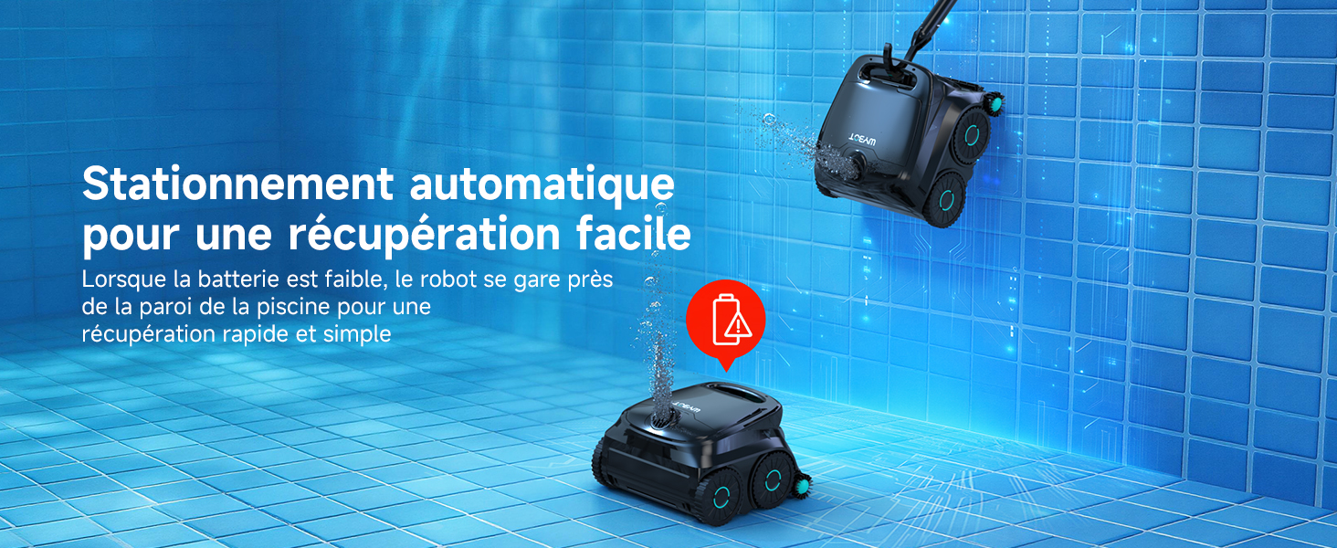 Le texte indique « Stationnement automatique pour une récupération facile ». Scène de piscine bleue avec un dispositif robotique de nettoyage de piscine montré dans l'eau.