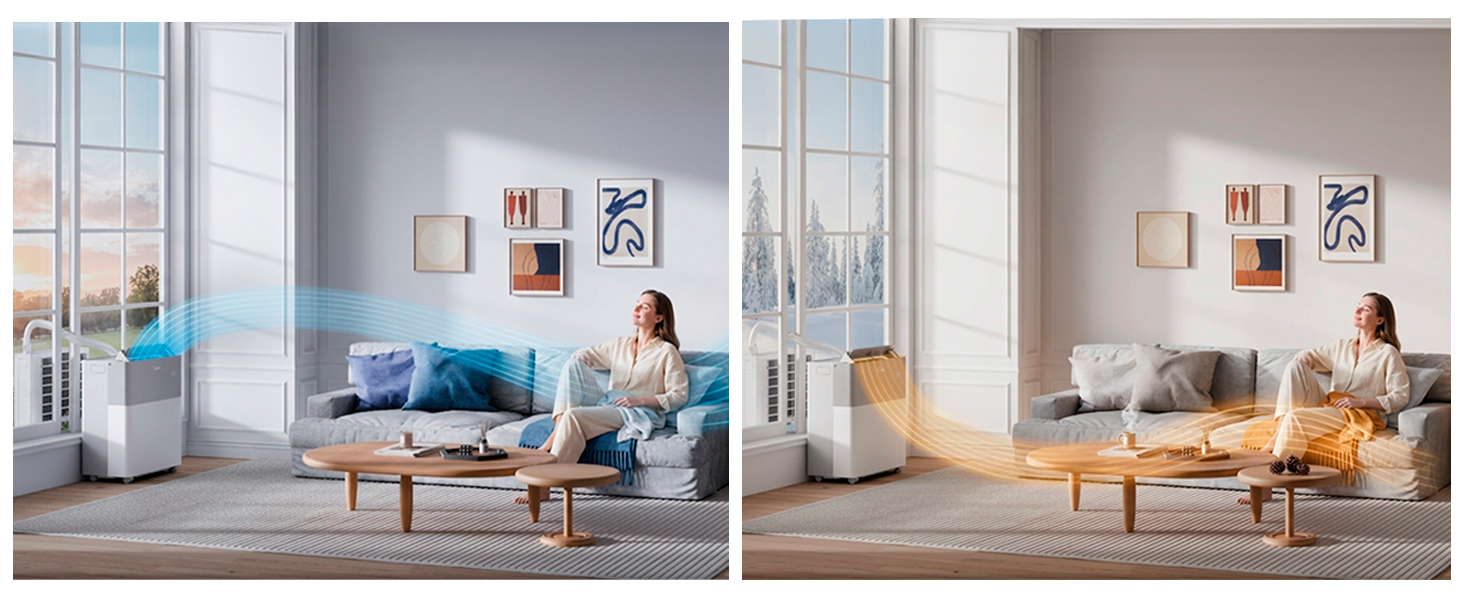 Comparaison de pièces intérieures côte à côte montrant le même espace de vie avec un canapé bleu et des meubles en bois dans deux conditions d'éclairage différentes : à gauche avec une lumière du jour teintée de bleu froid, à droite avec des tons neutres chauds.