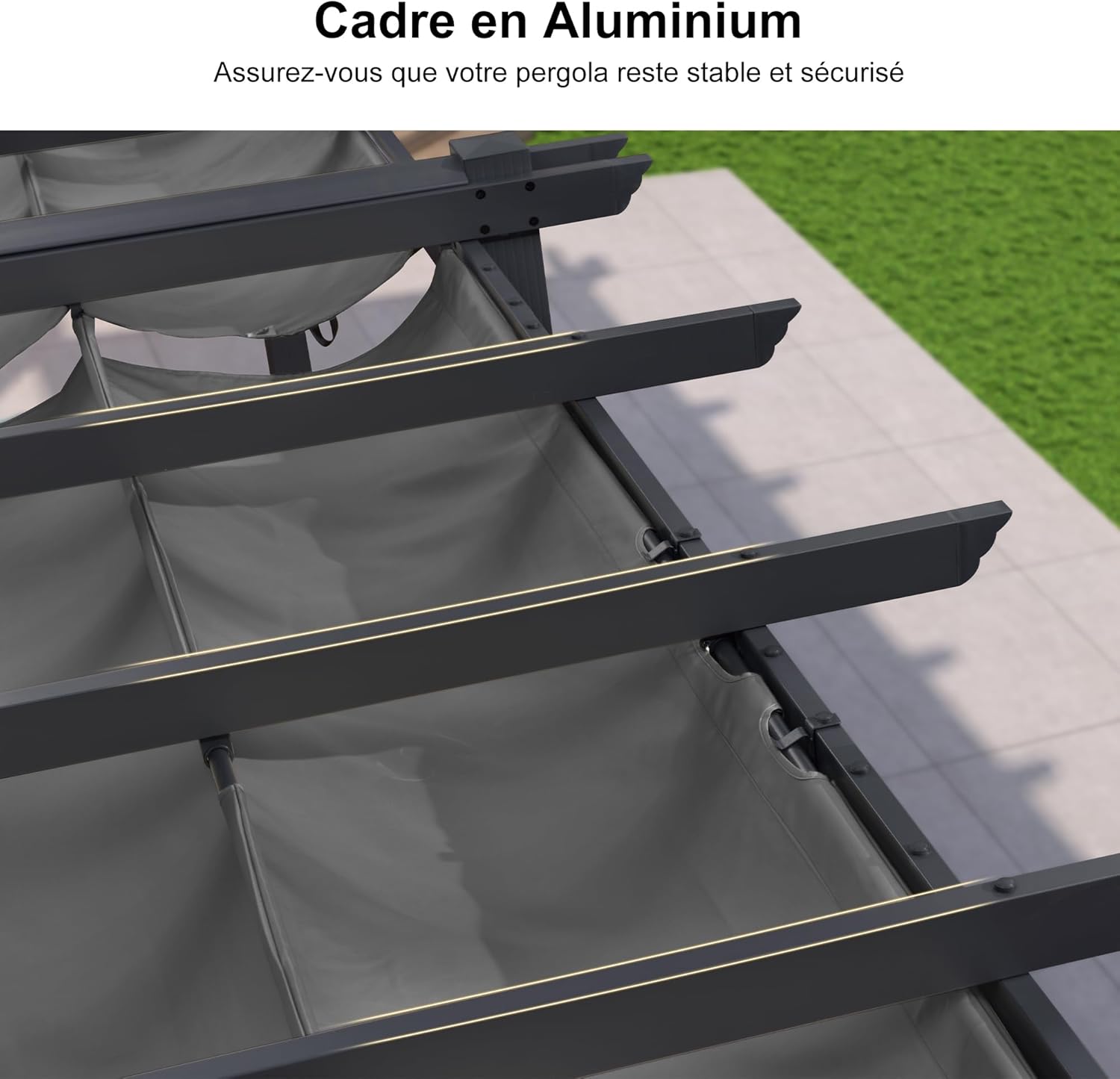 PURPLE LEAF - Pergola Aluminium - 5,5 x 3,5 m - Toit coulissant, tissu teint en fil, gris