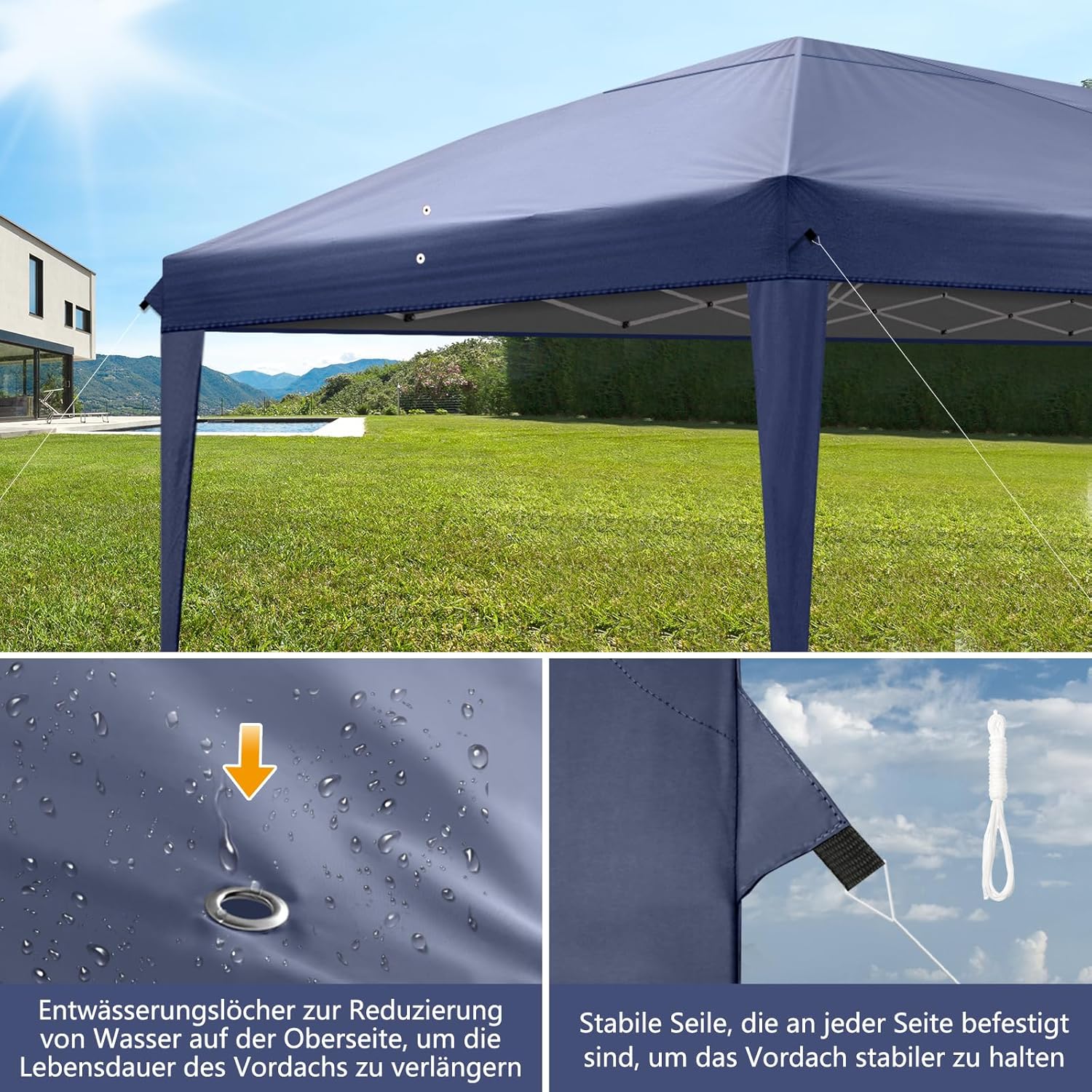 LEADZM Tonnelle de Jardin Pliante,3x6m,Imperméable,Pop-Up,3 Hauteurs Réglables, Protection UV 50+,Tente de Fête,Structure en Acier,pour Jardin,Fête,Bleu