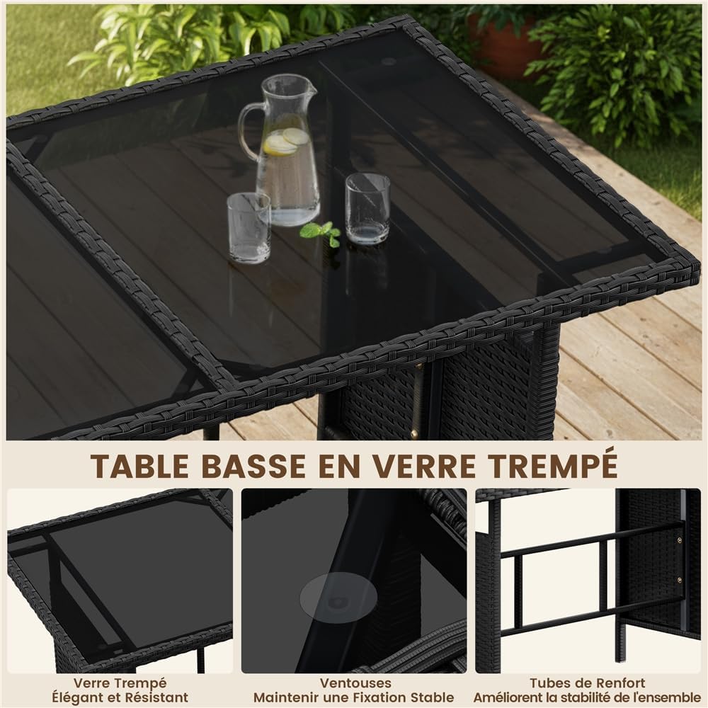 Yaheetech - Salon de jardin 4 pièces - polyrotin, ottomans, table - noir/gris
