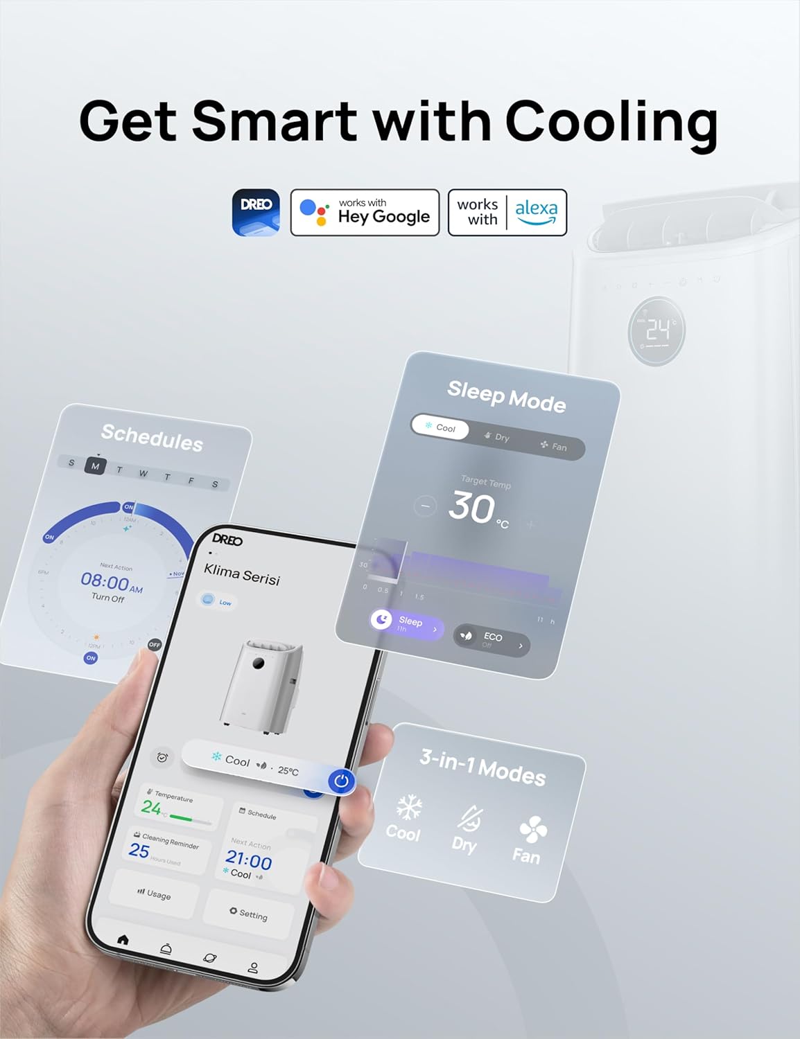 DREO - climatiseur portable série 10 000 BTU, silencieux, contrôle app, 24h timer