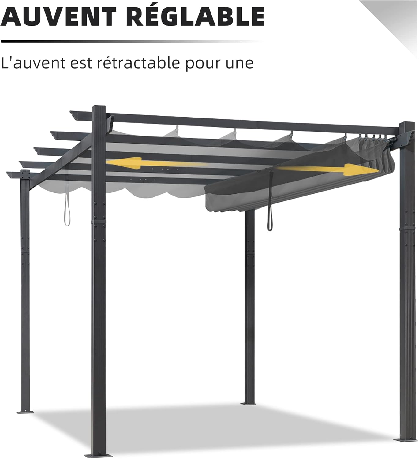 PURPLE LEAF - pergola aluminium - 3,65x3m - toit rétractable LED, tissu gris