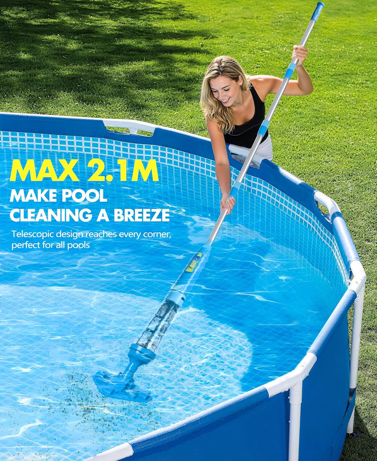 LanBlu - Aspirateur piscine sans fil, perche télescopique, 60L/min, 5200mAh, 90 min autonomie