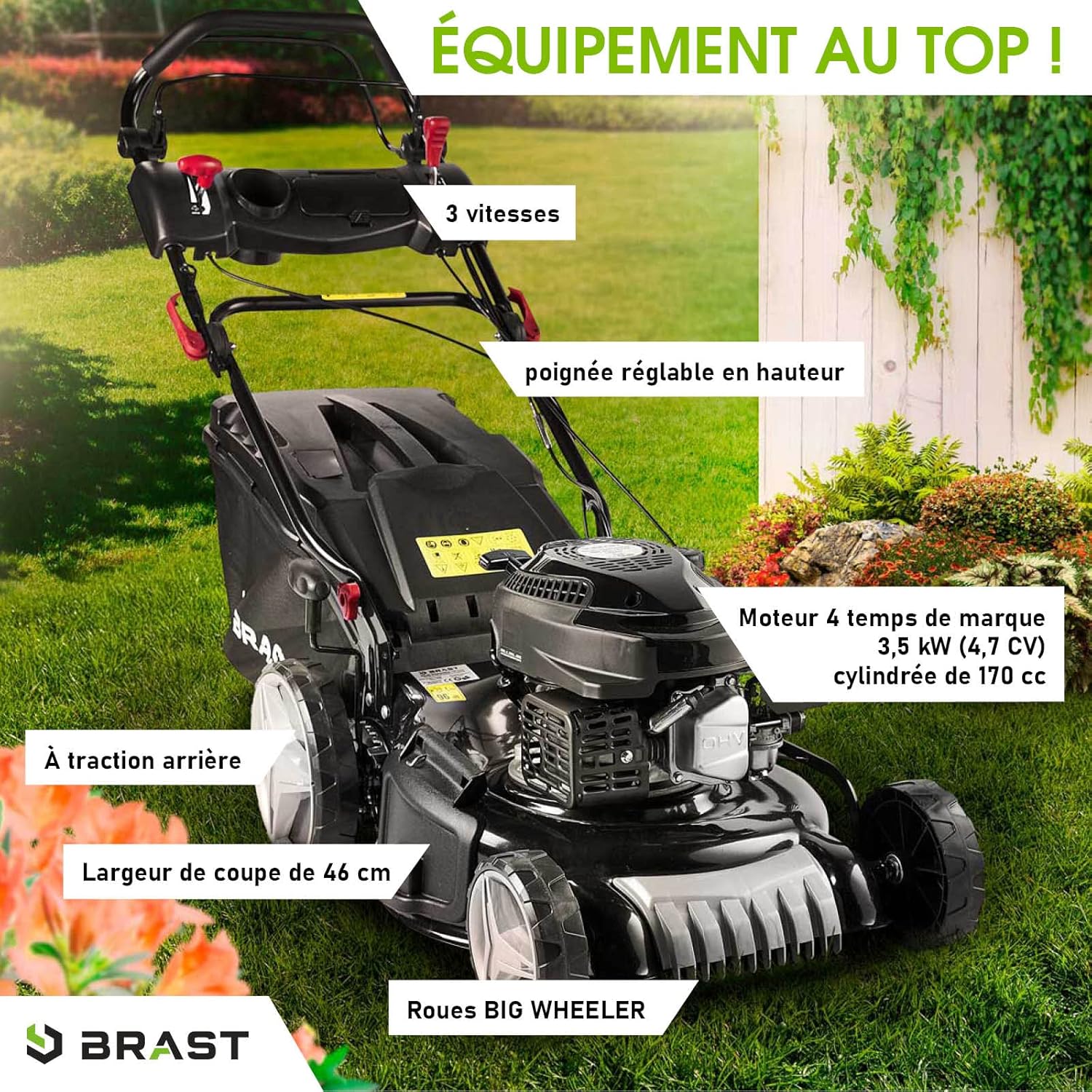 BRAST - tondeuse série Speed - 46cm - 3,5kW, mulching, 4en1, moteur 170cc