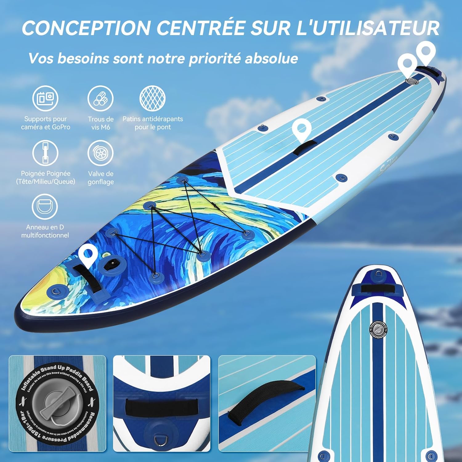 YU YUSING - Paddle gonflable adulte 320/335cm - 2 personnes, siège kayak, pagaie, support caméra, 150kg