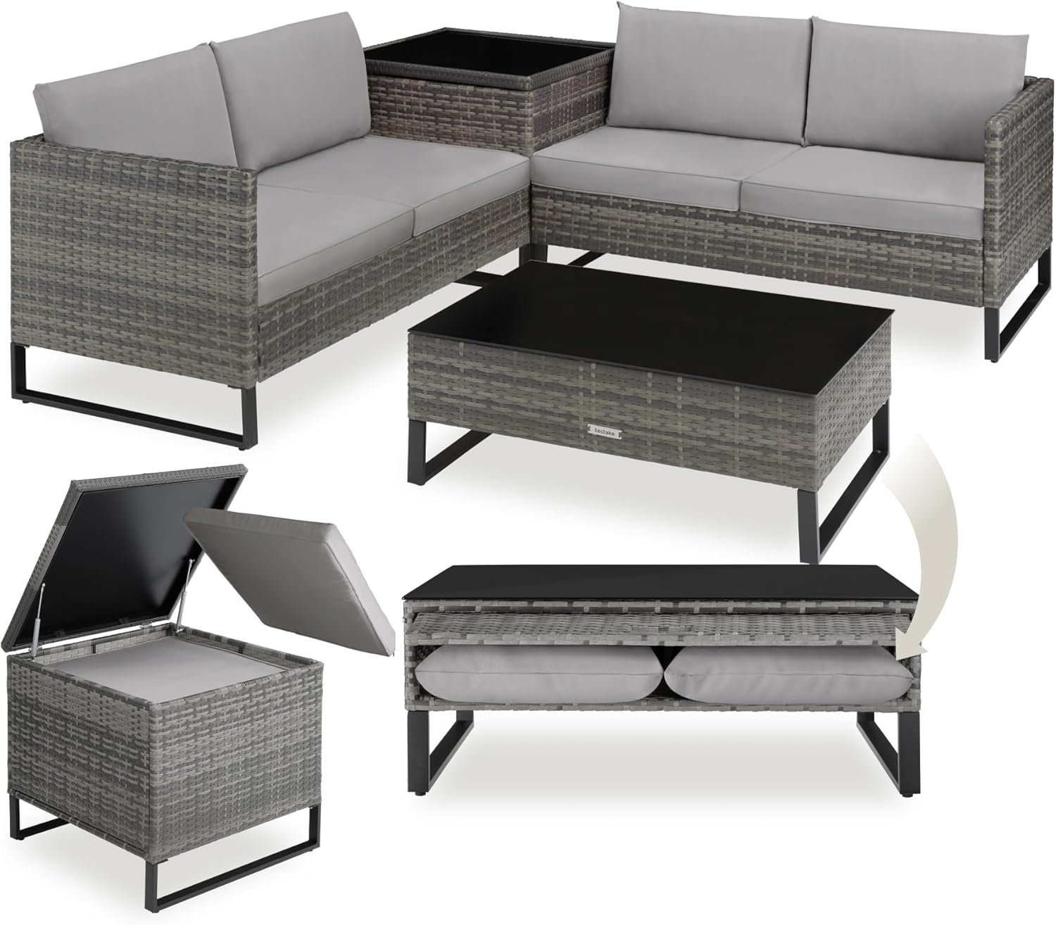tectake - Salon de jardin modulable 4 places, table verre, coffre, coussins