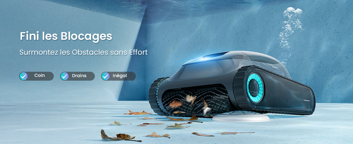 Le texte se lit comme suit : « Fini les #bogues ». Séquence de photos montrant un appareil ou un gadget bleu brillant sur des paysages de montagne et d'hiver.