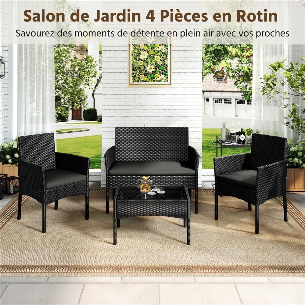 Yaheetech - Salon de jardin 4 places - polyrotin métal, coussins, canapé, fauteuils, table, extérieur