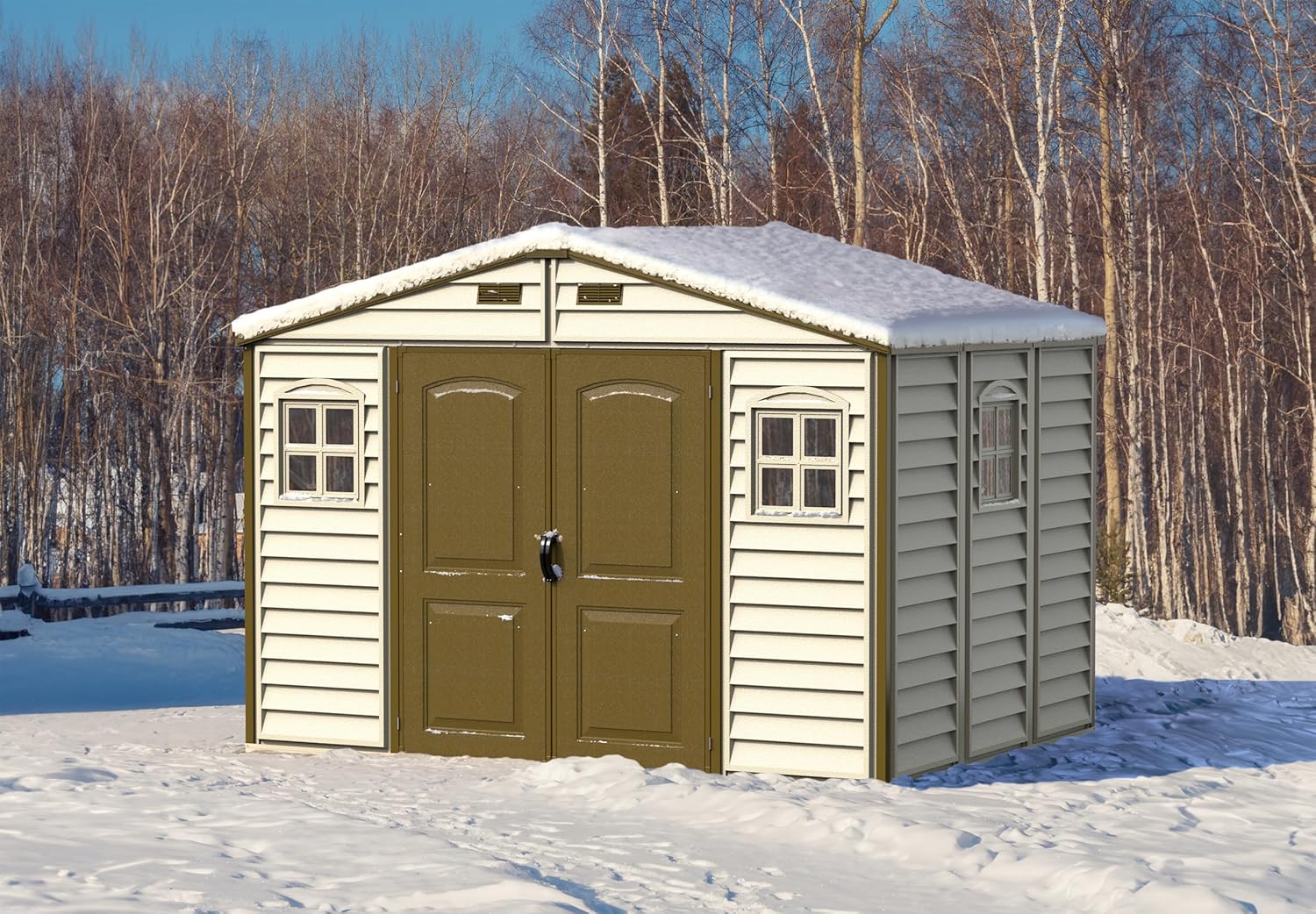 Duramax WoodSide 10 x 8 (7.64 m²) Abri de jardin en plastique avec 3 fenêtres fixes et kit de fondation en métal, structure de toit en métal robuste, ignifuge et sans entretien - Ivory/Brown