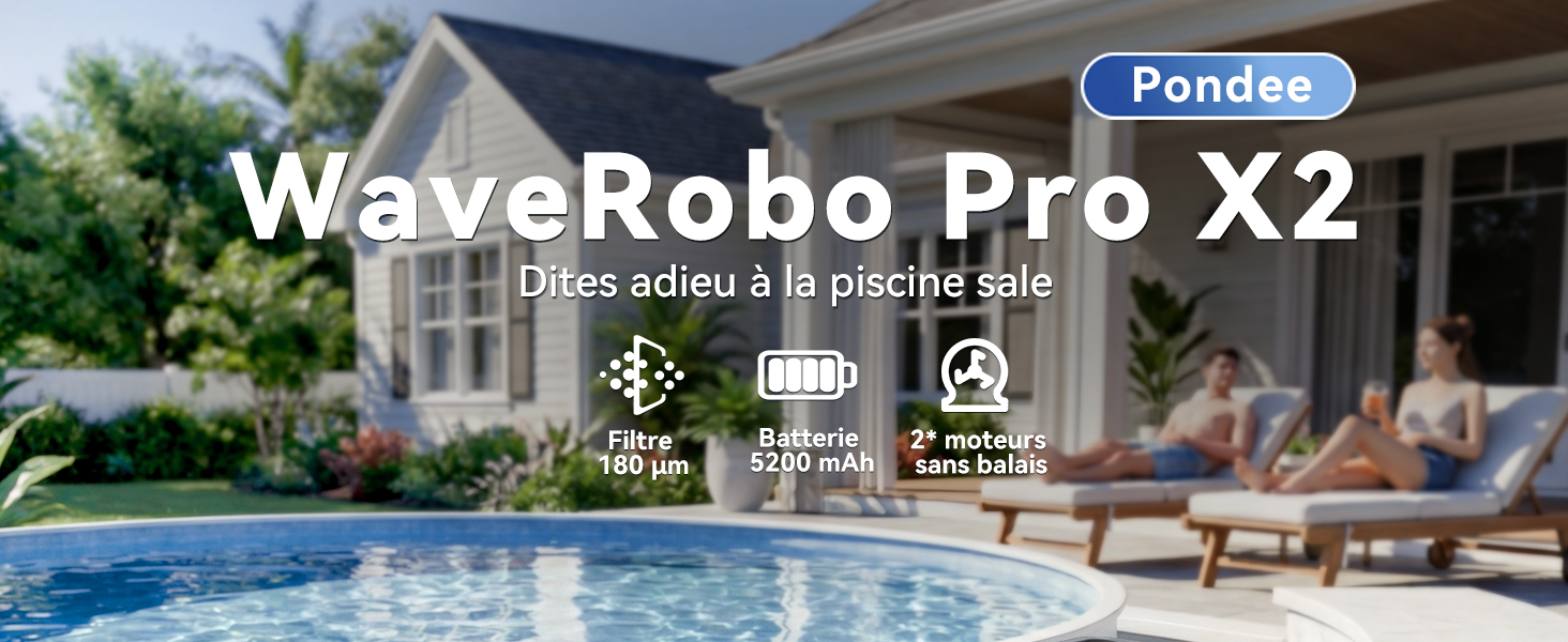 Le texte indique « WaveRobo Pro X2 ». Scène de piscine extérieure avec chaises longues blanches et aménagement paysager tropical. Le nom du produit est affiché sur la bannière bleue en bas de l'image.