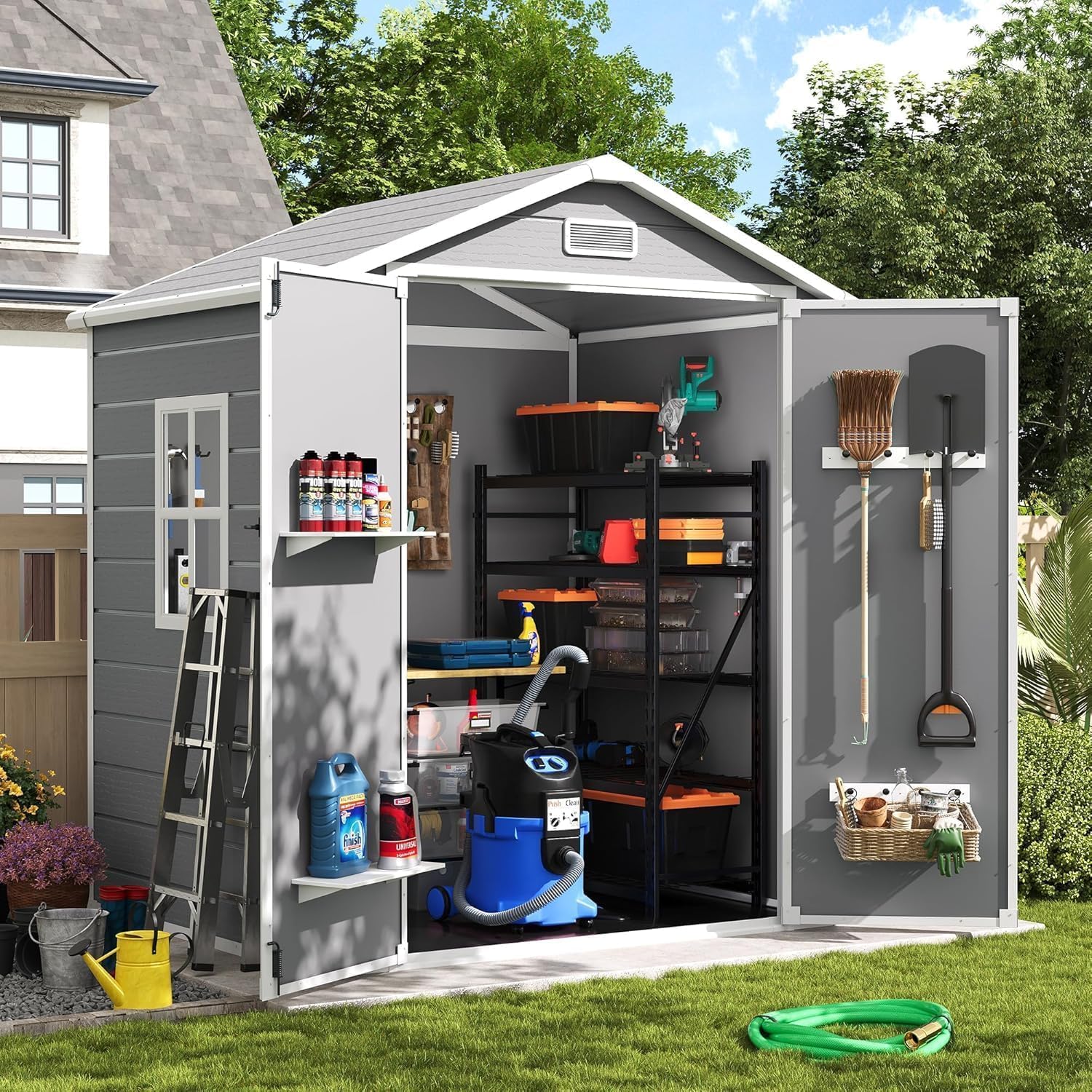 UDPATIO - Abri de jardin résine, 184x135x210cm, toit incliné, porte verrouillable, 12mm, UD184135210