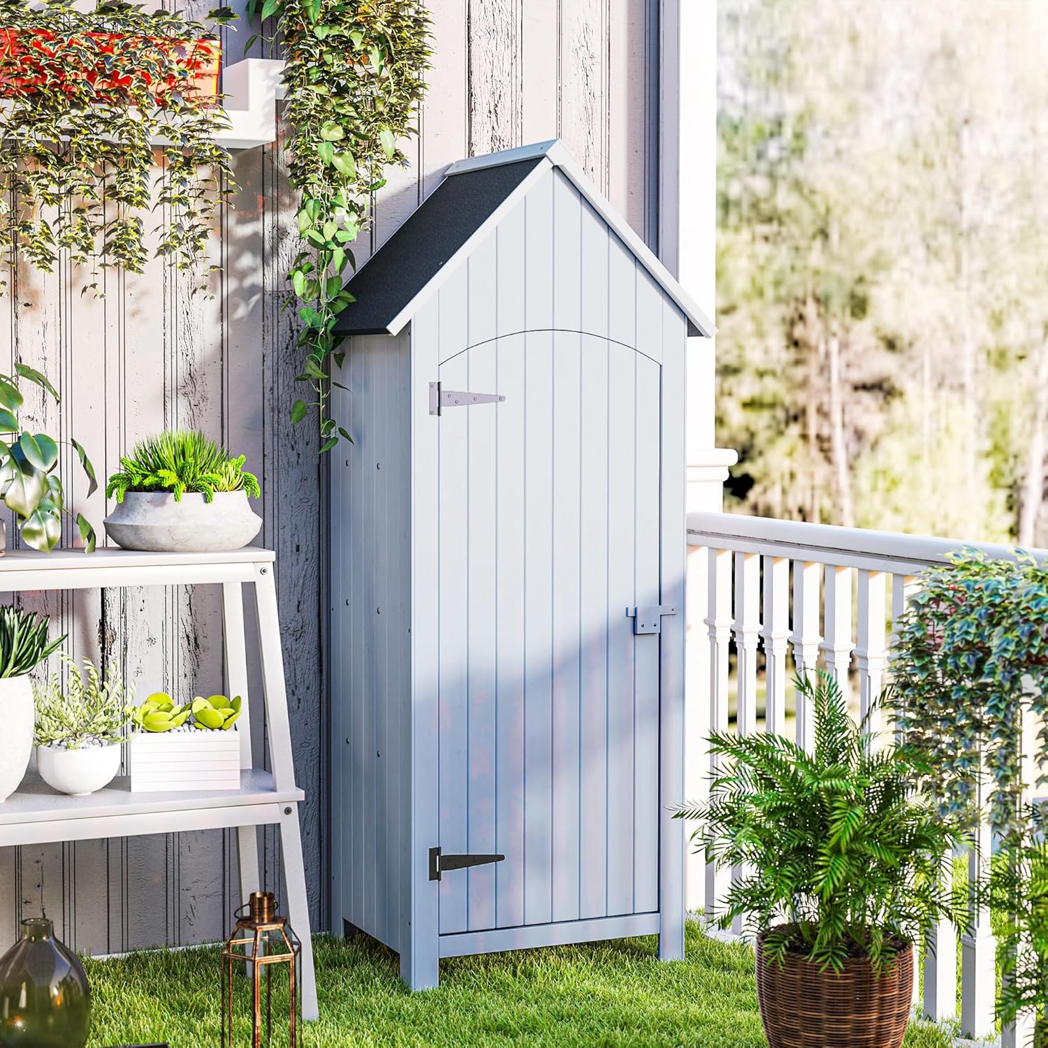 Outsunny Abri de Jardin en Bois cabane de Jardin Exterieur Armoire de Jardin avec Toit bitumé 3 étagères Porte avec loquet Rangement et Stockage extérieurs pour terrasse 77,5 x 54,2 x 179,5 cm Blanc