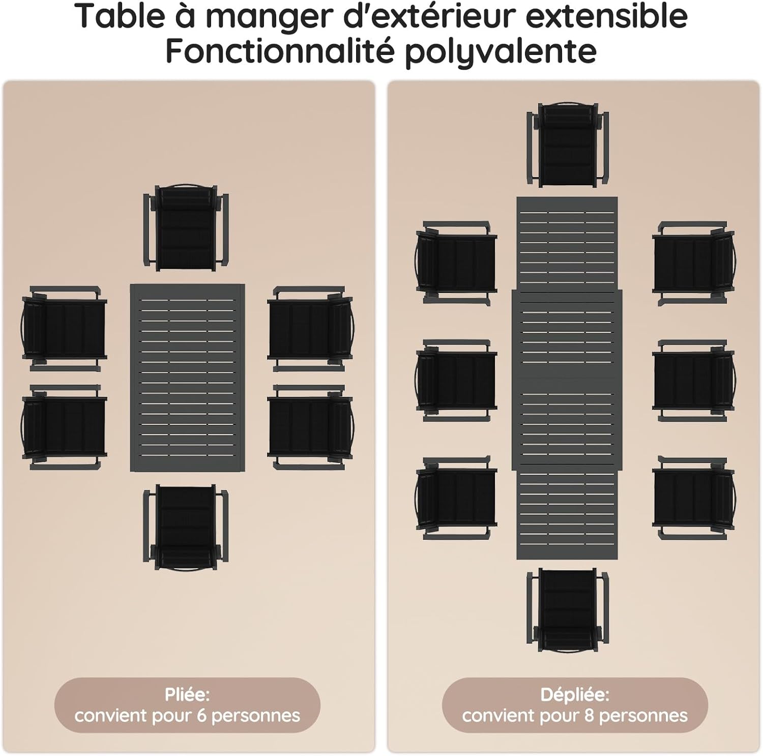 Devoko - Table de jardin extensible - 130/260x80x75 cm - Aluminium, résistante intempéries, extérieur, gris
