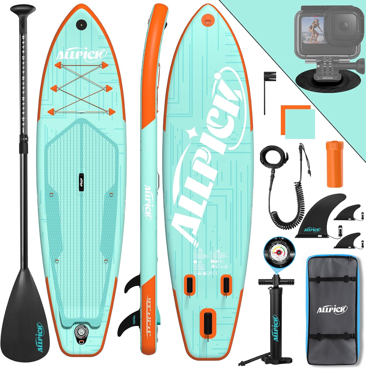 ALLPICK Paddle Gonflable, Kit de Padelsurf de Stand Up Paddle Sup Gonflable de 320 cm, avec Support Universel pour Caméra, Pagaie réglable, Débutants et confirmés, 200 kg