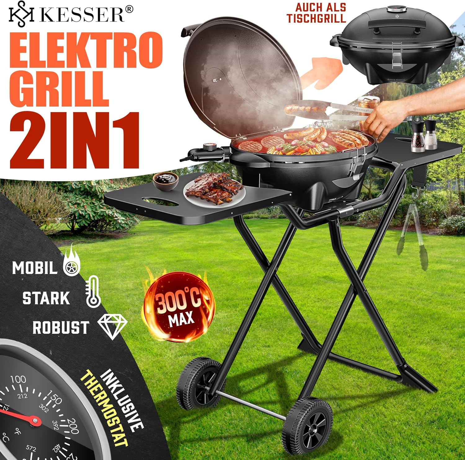KESSER - Gril électrique pliable, 2400W, couvercle, thermomètre, table