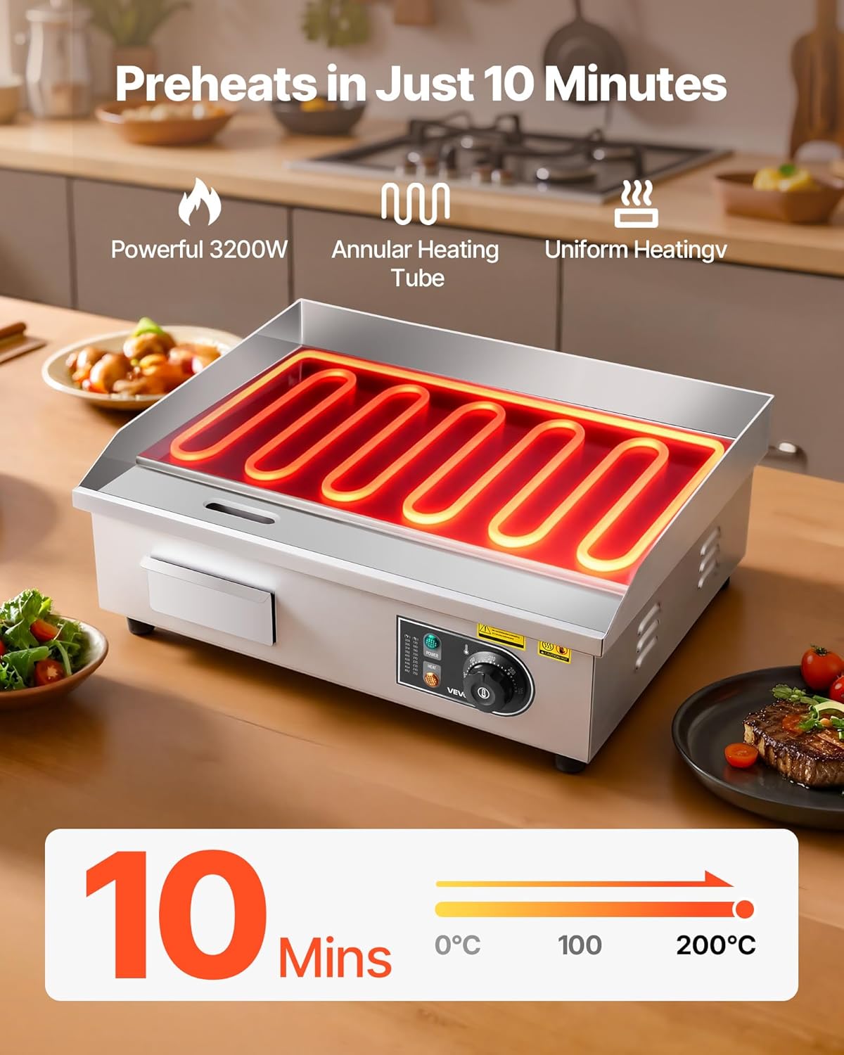 VEVOR - plancha électrique pro - 535x300 mm - 3200W, inox, 50-300°C