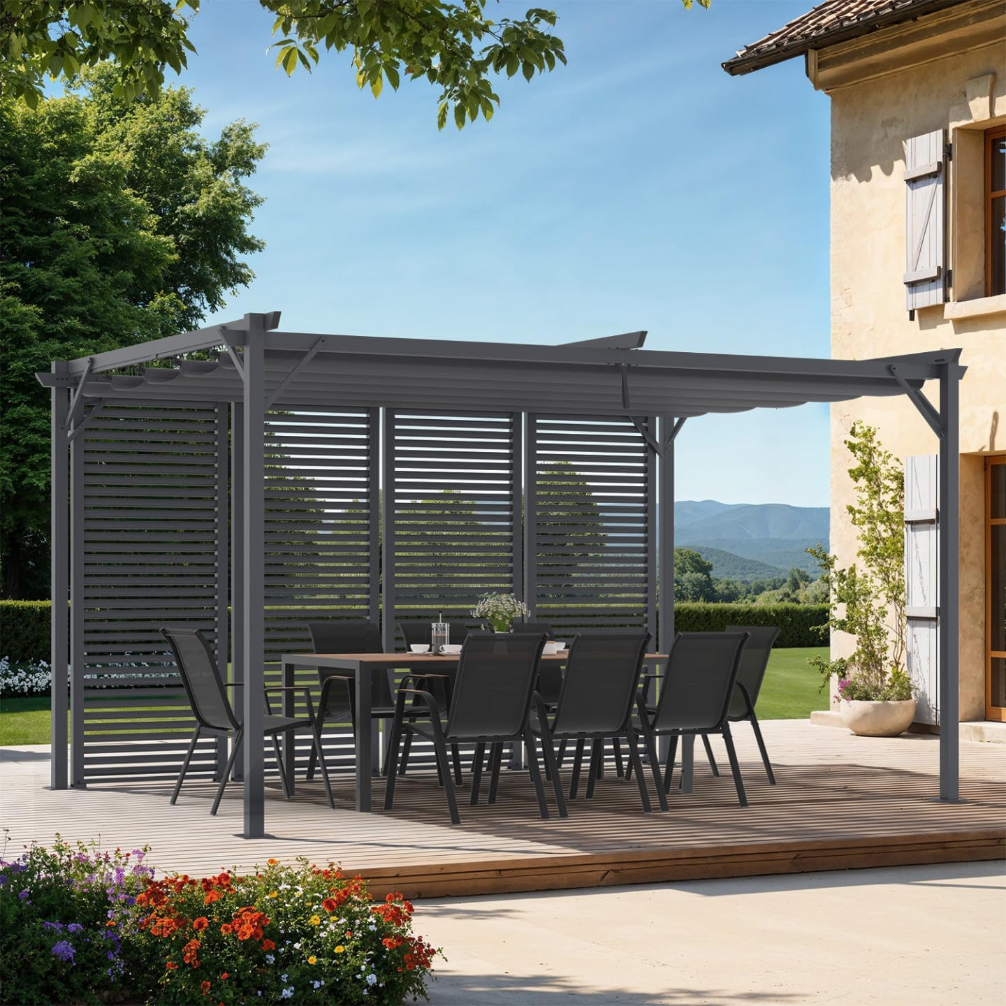 IDMarket - Pergola Collector Persienne 3x4M toit rétractable 4 pans modulables Gris Anthracite