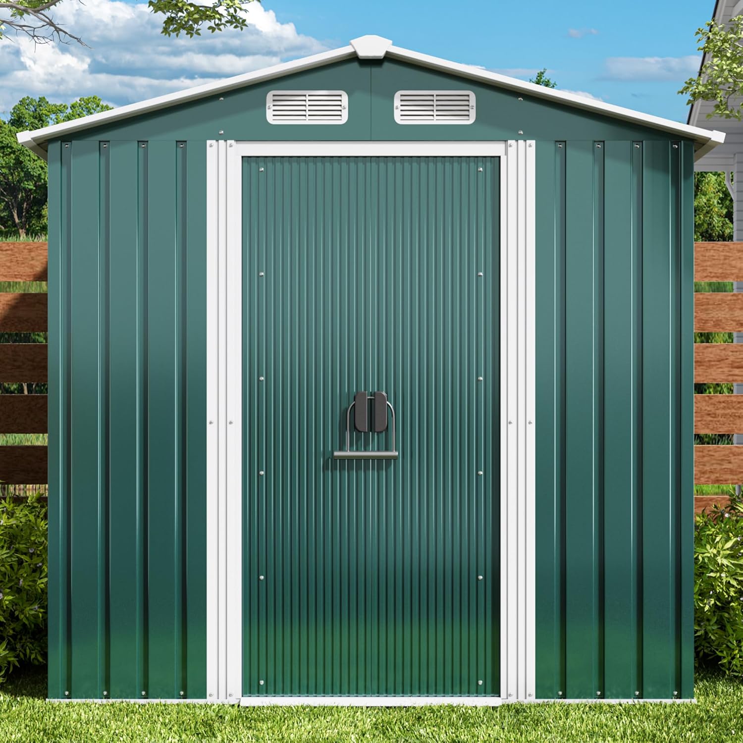 Xbro Abri de jardin en métal 184 x 119 x 186 cm, avec toit en pente et porte coulissante, abri à outils avec serrure et gants (vert)