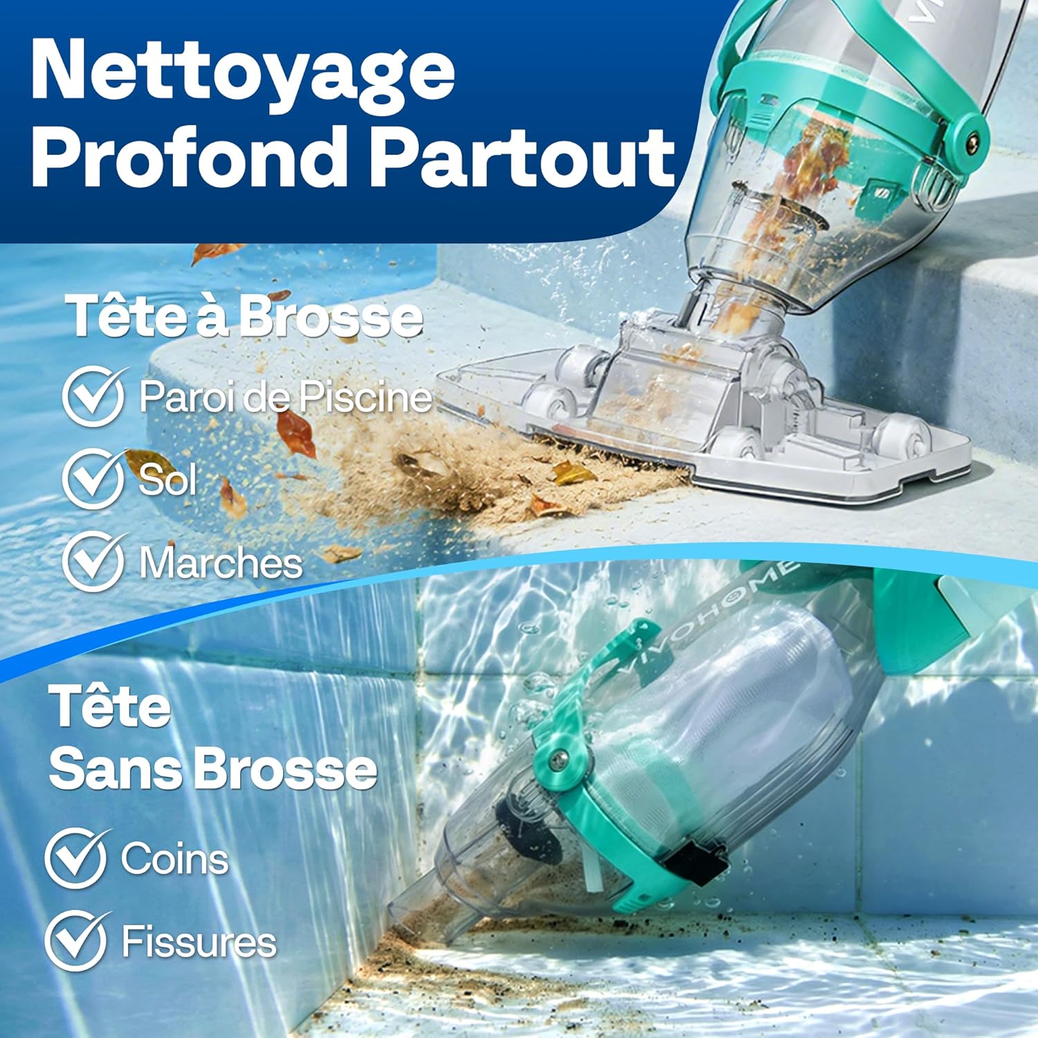 VIVOHOME - aspirateur de piscine sans fil 72LPM - batterie, 4 sacs filtrants, perche télescopique