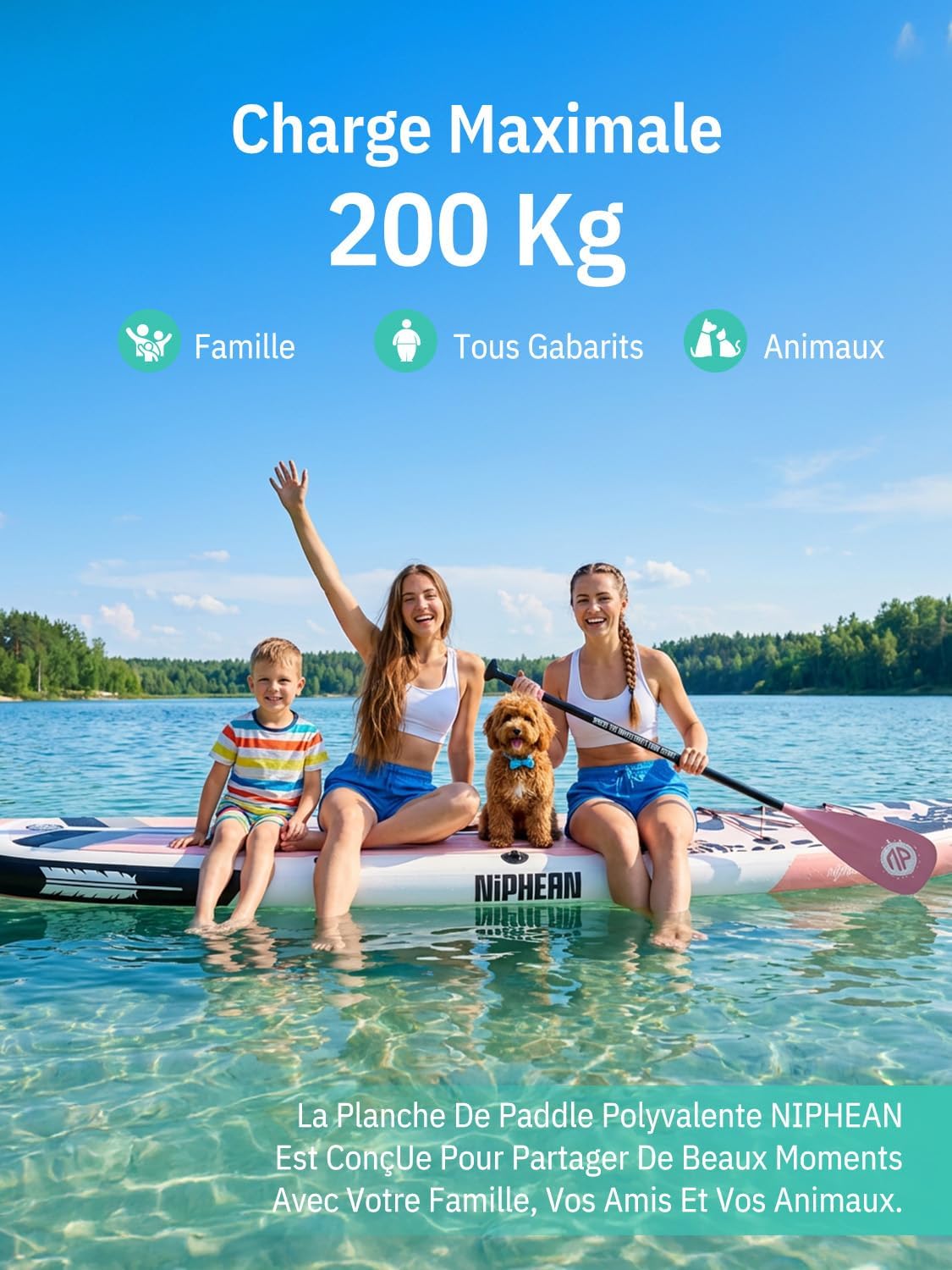 Niphean Paddle Gonflable Adulte avec Tous Les Accessoires, 320cm Planches de Stand Up Paddle Gonflables pour Tous Les Niveaux, Sup avec Capacité 200 kg pour 2 Personnes, Paddle Gonflable avec Siège