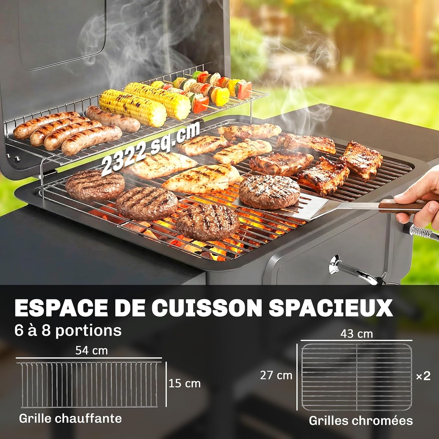 Outsunny - barbecue charbon réglable - grand format - chariot, tablettes, cheminée, roues, thermomètre