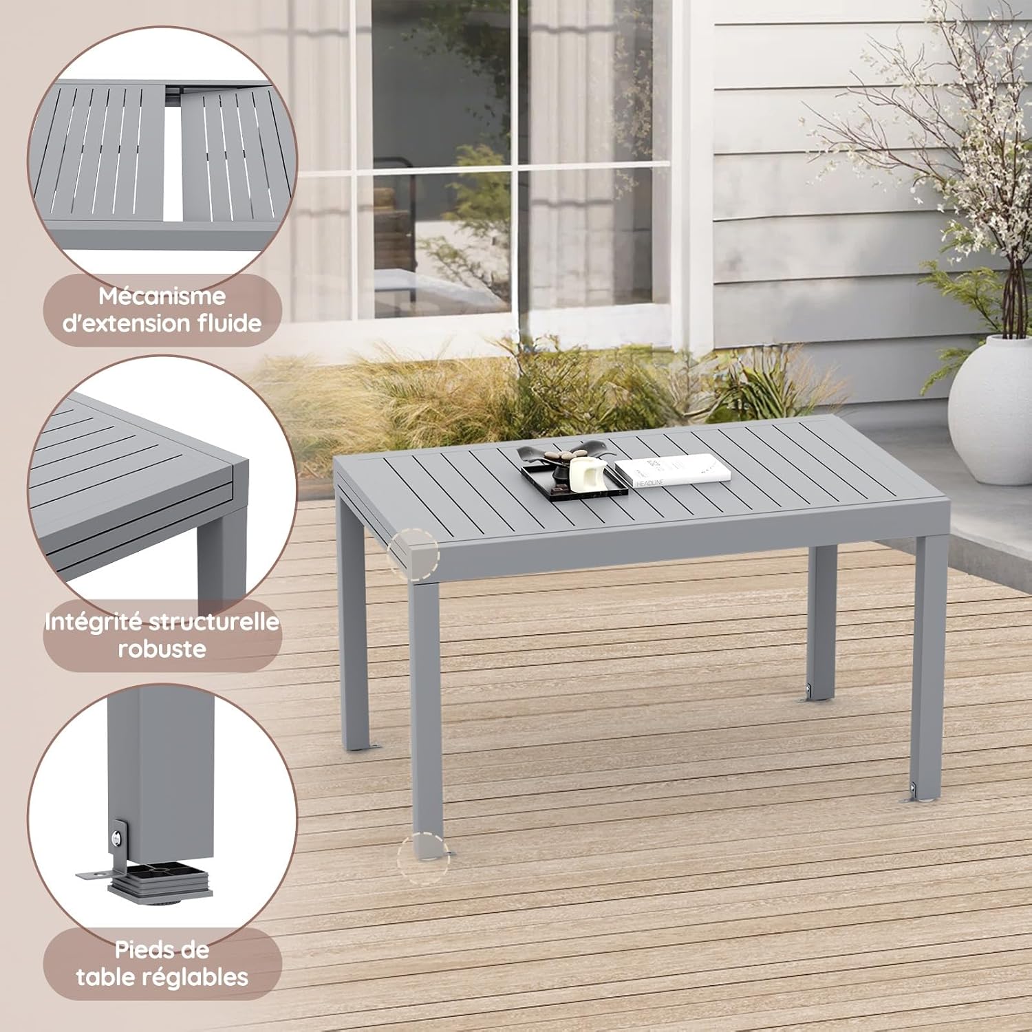 Devoko - Table extensible - 80/160x80x75 cm - aluminium, extérieur, résistante intempéries