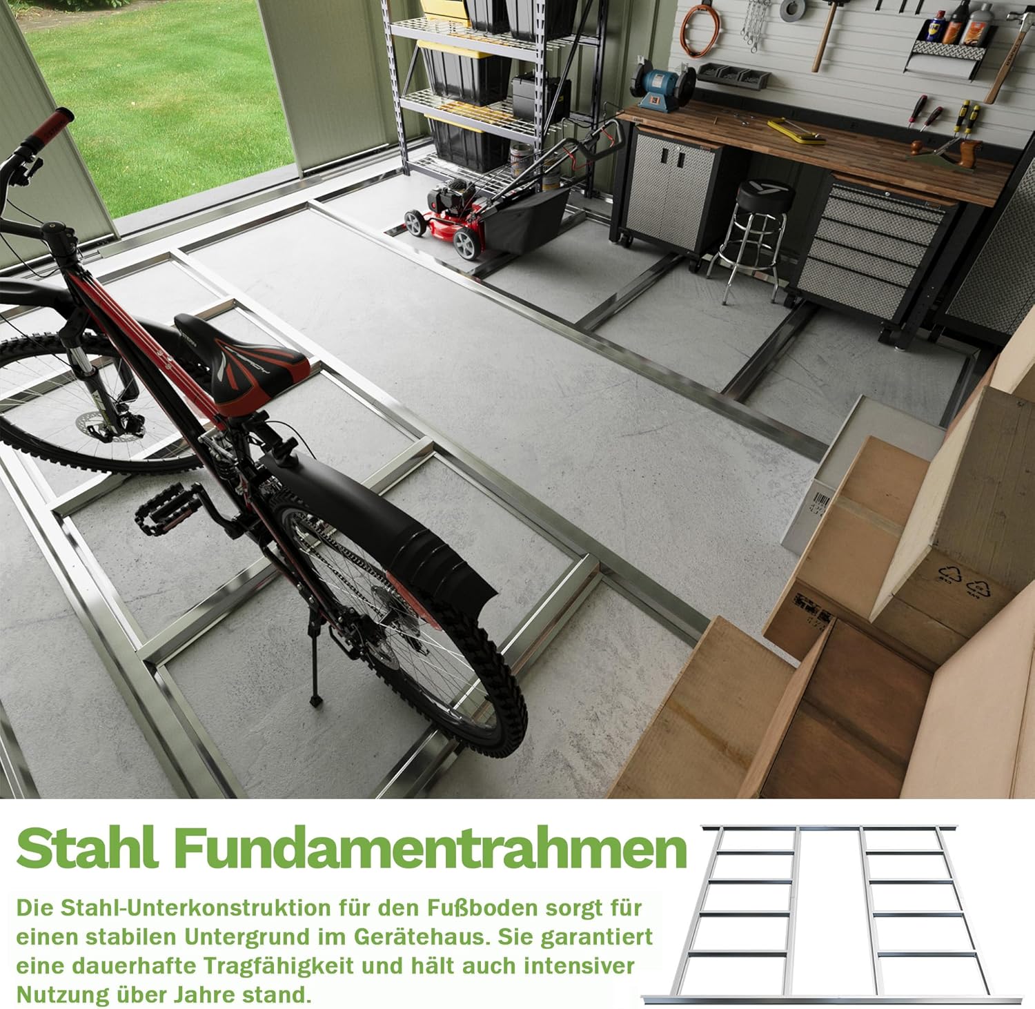 Devoko Abri de jardin en métal 13,2 m³ avec fondation en acier, 247x301x178 cm Grand abri de jardin avec structure de toit stable, extérieur, résistant aux intempéries pour tondeuses et vélos